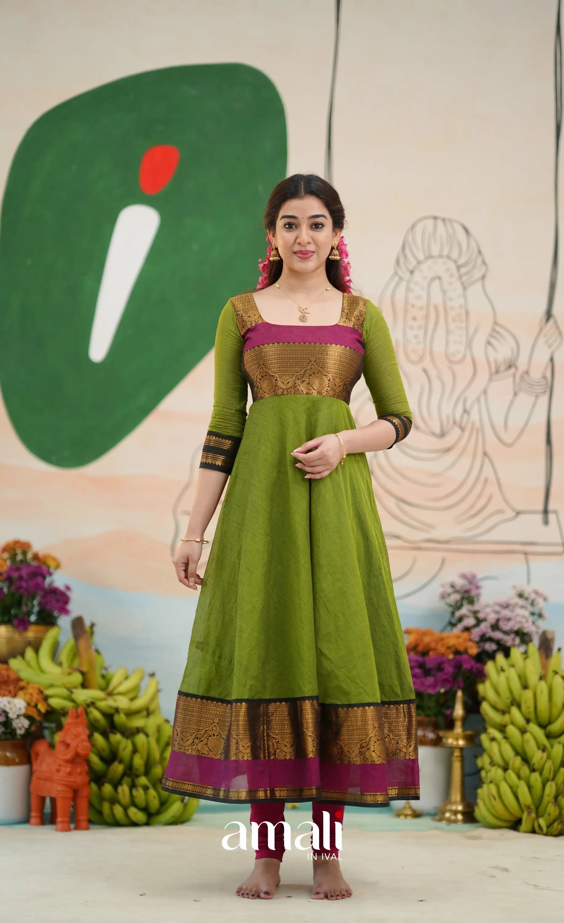 Light green and Magenta pink Chettinad Cotton Anarkali - Anarkalis