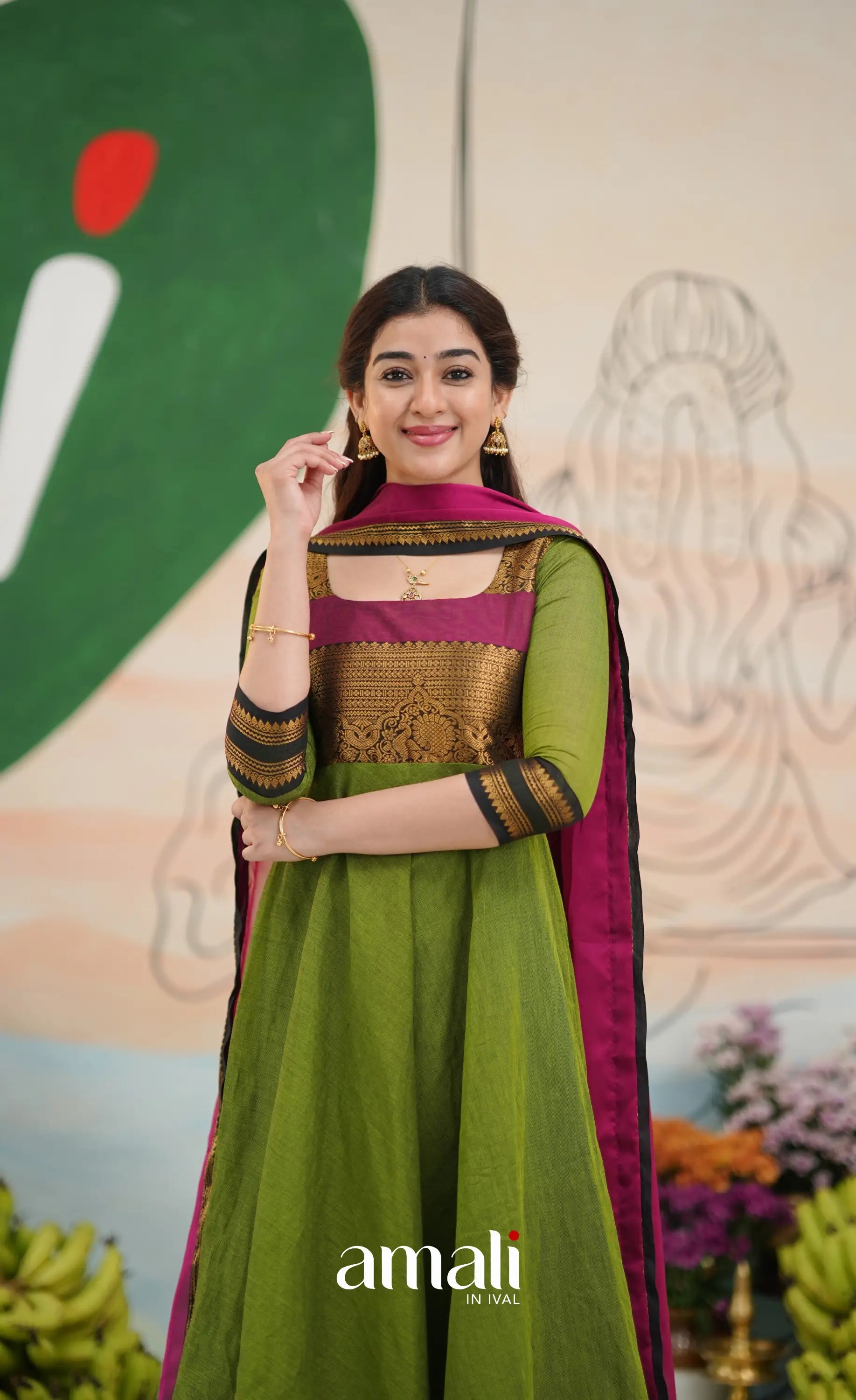 Light green and Magenta pink Chettinad Cotton Anarkali - Anarkalis