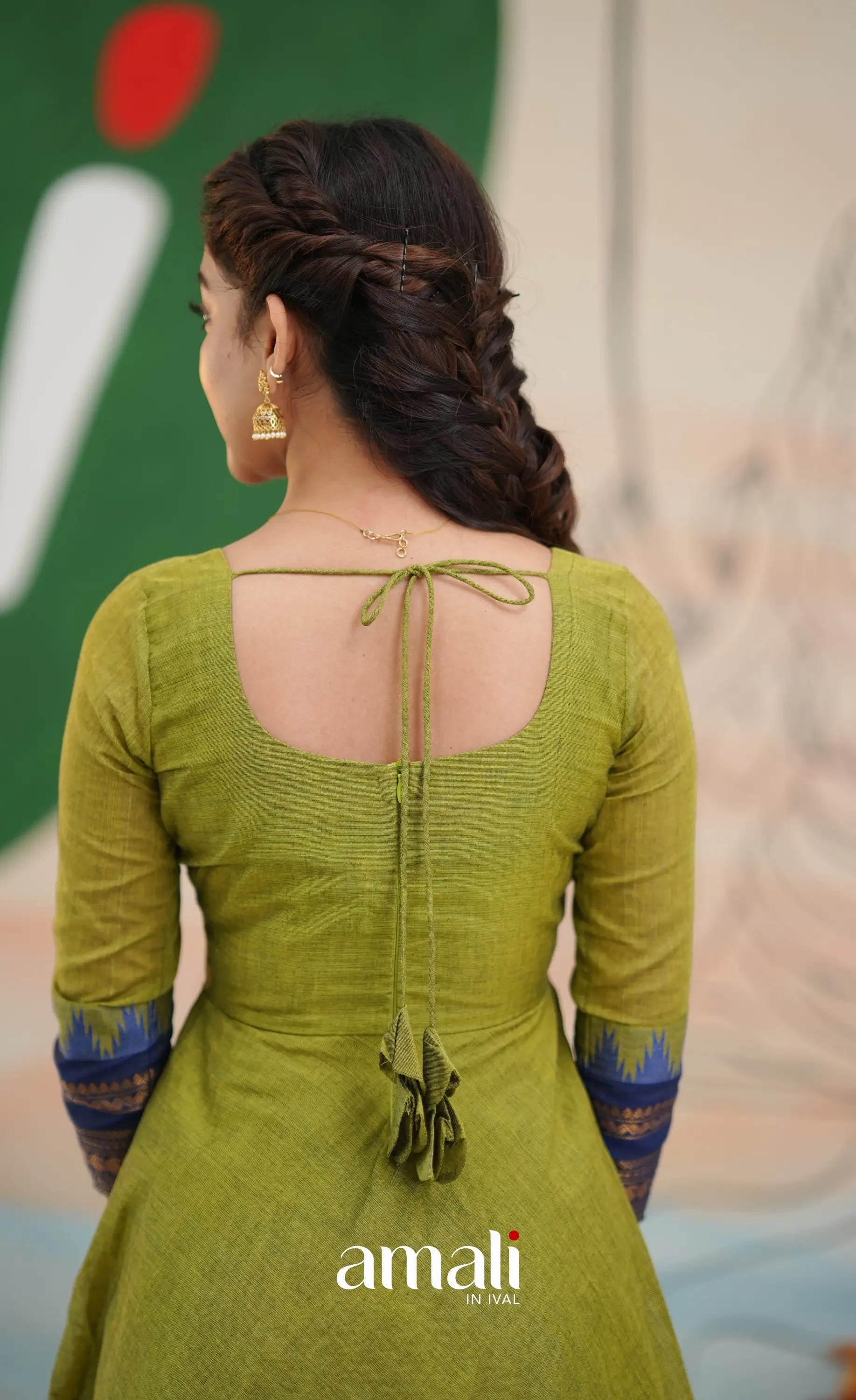 Light green and Royal blue Chettinad Cotton Anarkali - Anarkalis