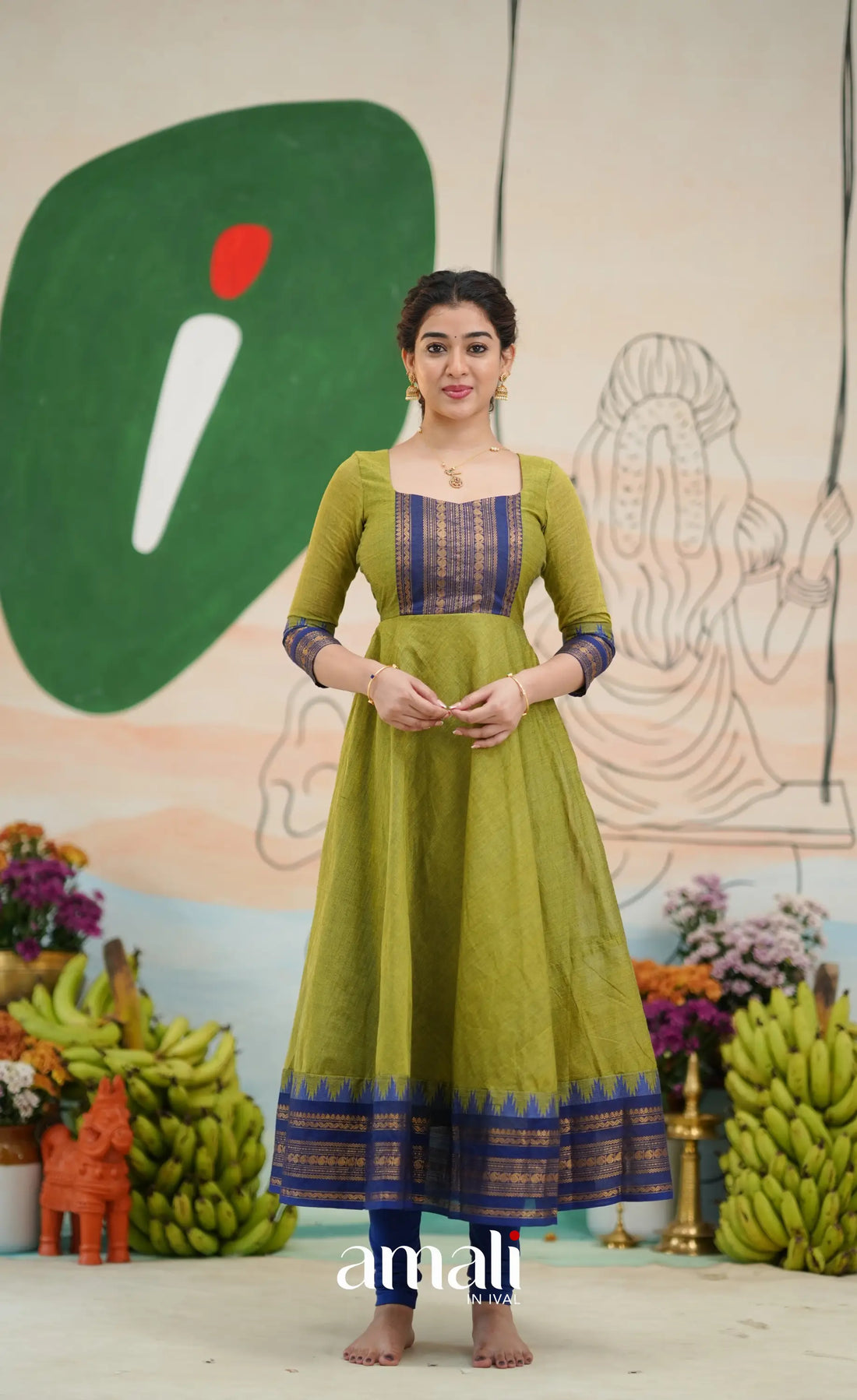 Light green and Royal blue Chettinad Cotton Anarkali - Anarkalis