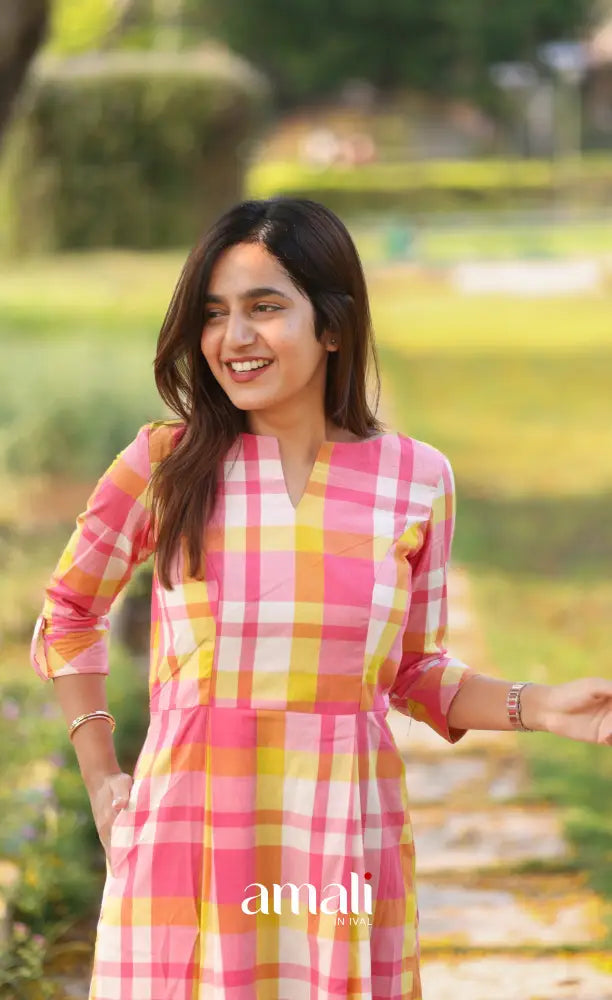 Light Pink Checks Indo Western Dress - salwar
