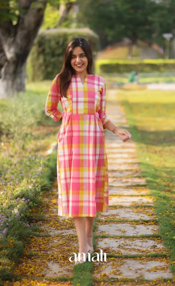 Light Pink Checks Indo Western Dress - salwar