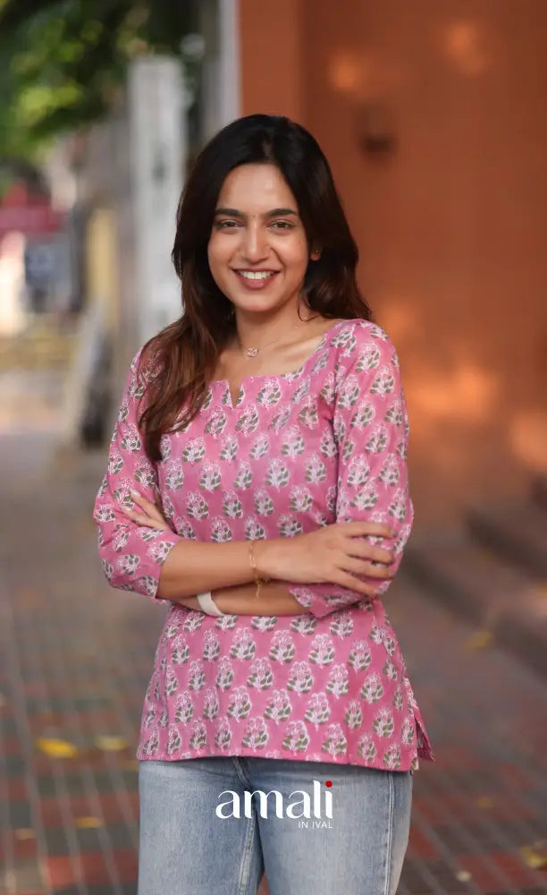 Light Pink Jaipur Hand Block-Printed Short Top - salwar