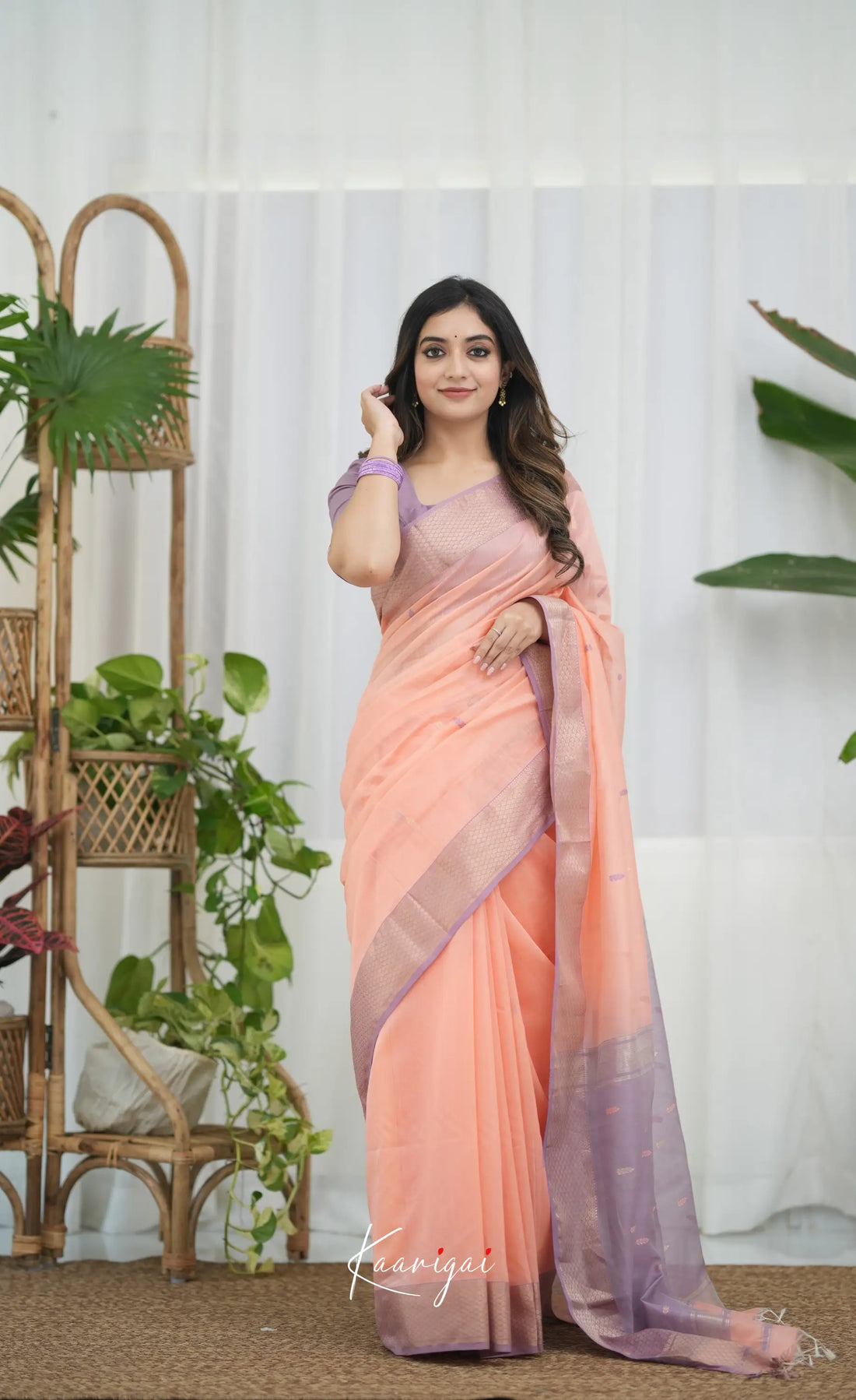 Maanvi Maheswari Silk Cotton Saree - Peach and Lavender Sarees