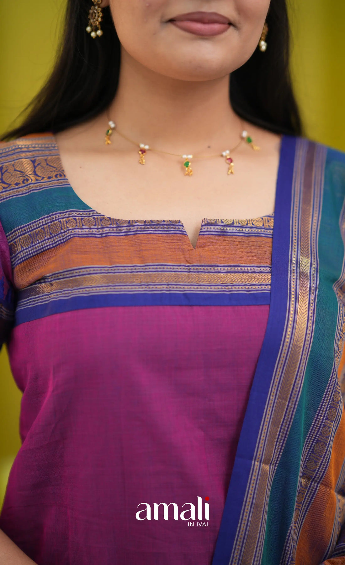 Magenta pink and Dark blue Chettinad Cotton Salwar Set - salwar
