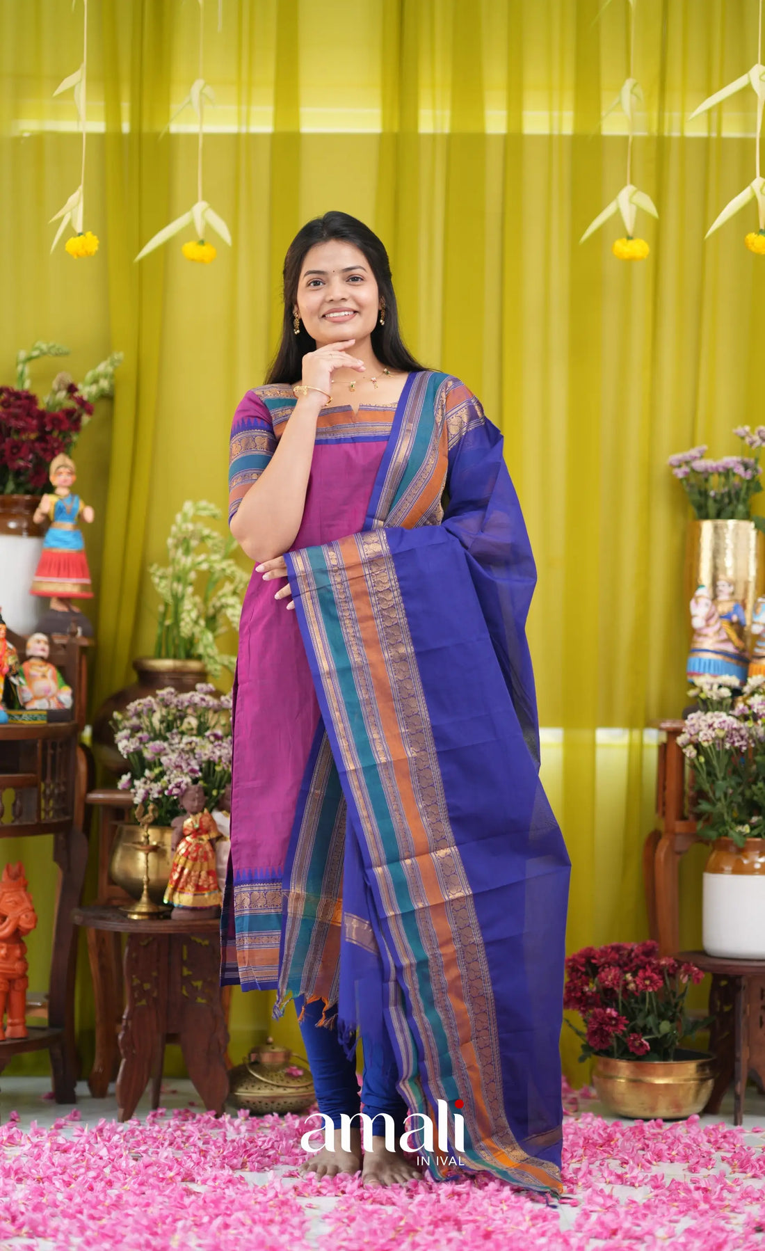 Magenta pink and Dark blue Chettinad Cotton Salwar Set - salwar