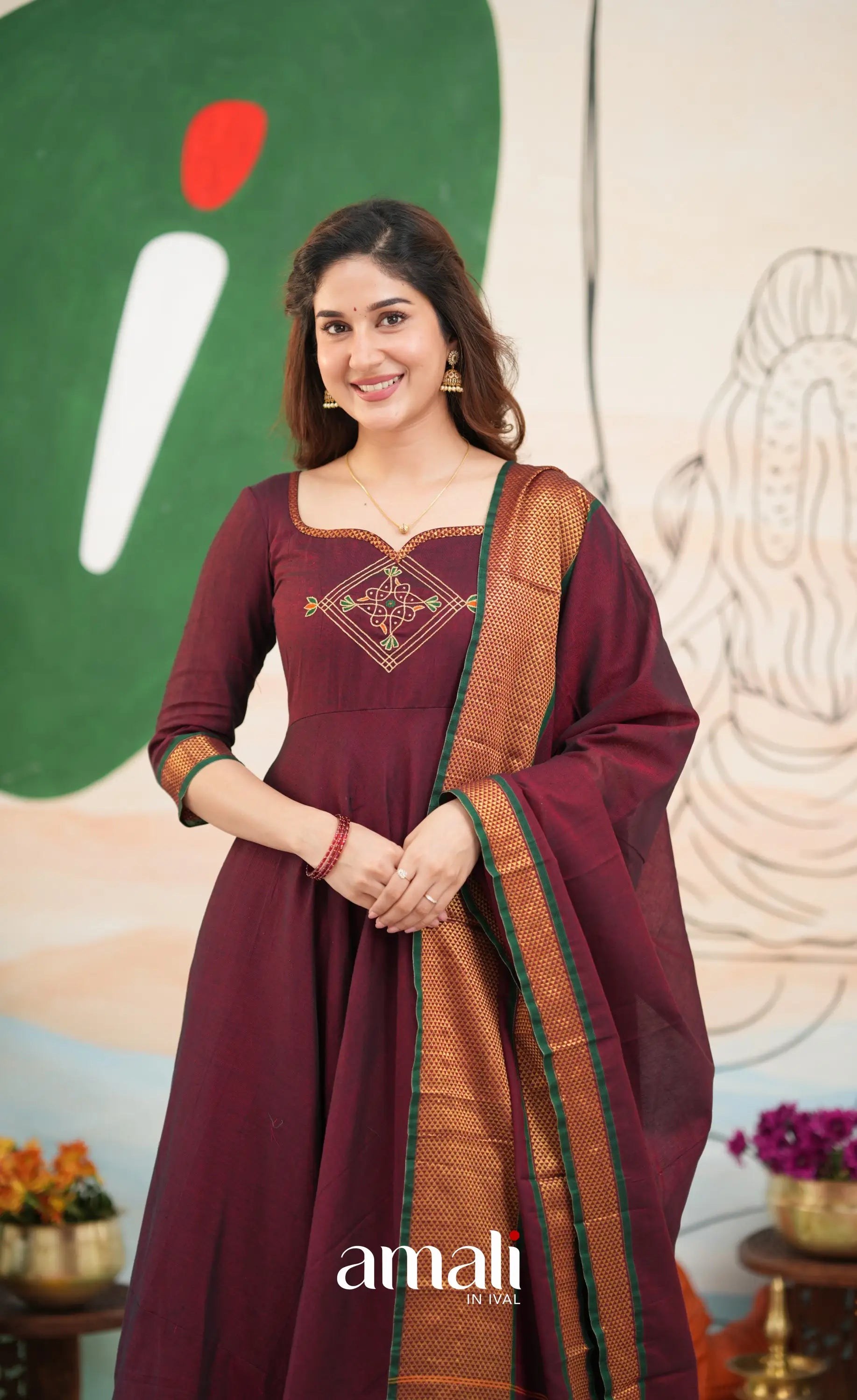 Maroon and Deep green Narayanpet Cotton Anarkali - Anarkalis