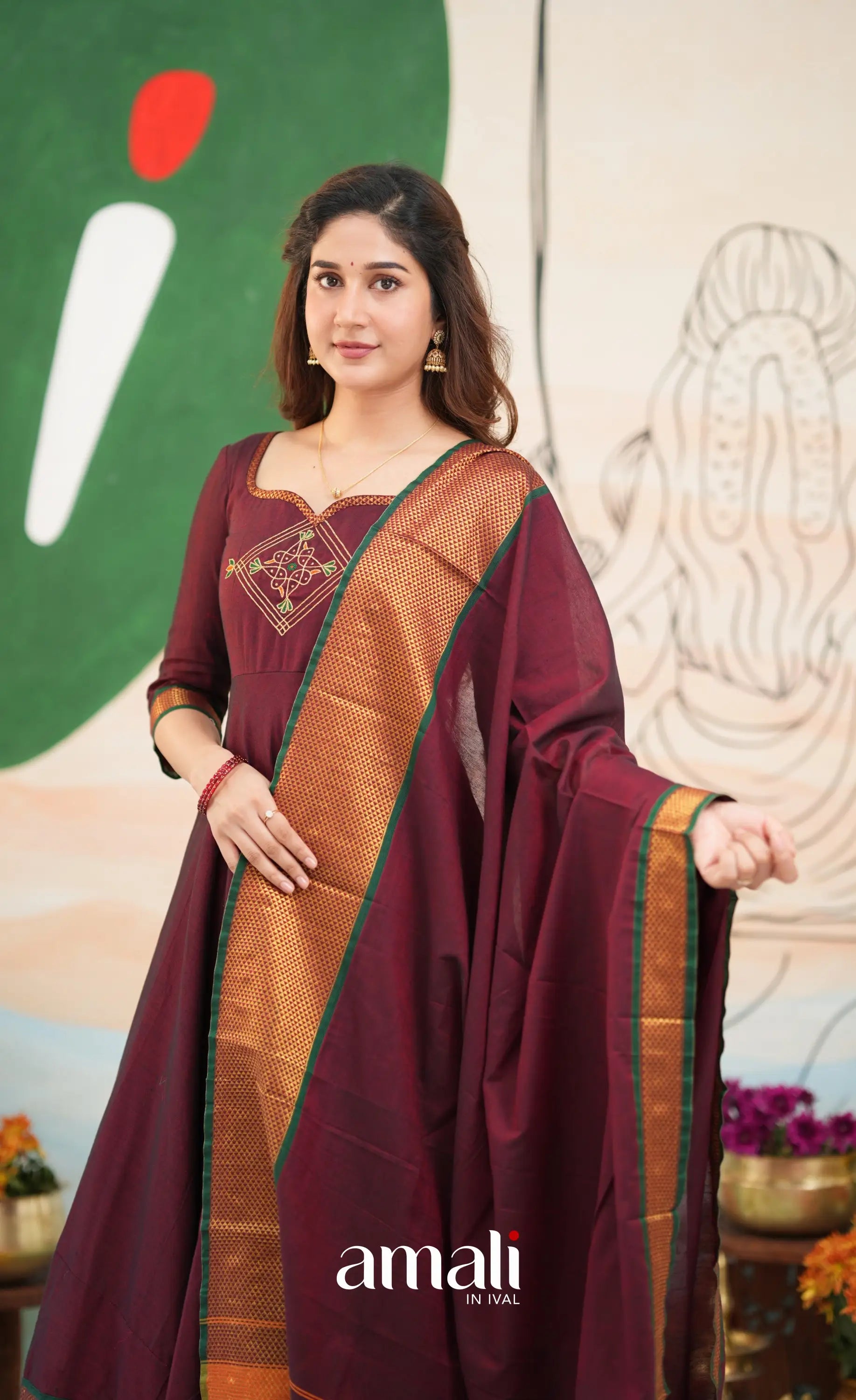 Maroon and Deep green Narayanpet Cotton Anarkali - Anarkalis