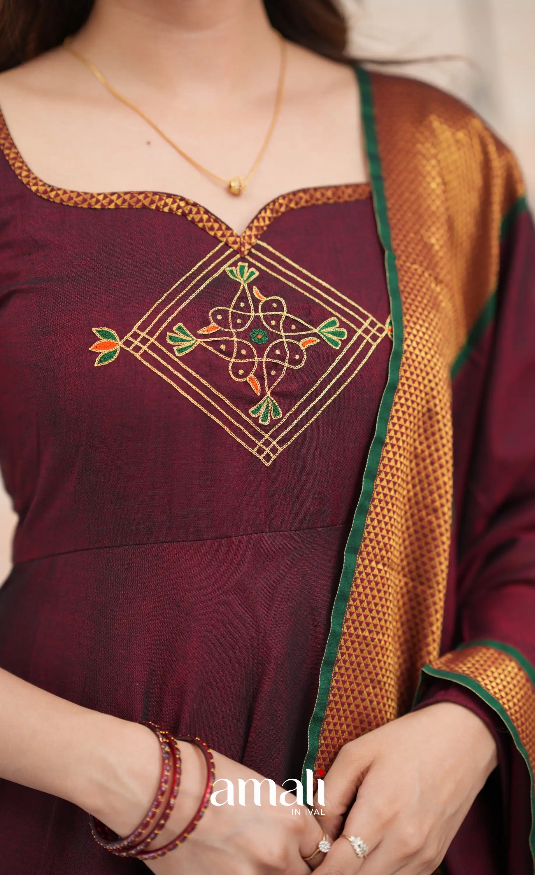Maroon and Deep green Narayanpet Cotton Anarkali - Anarkalis