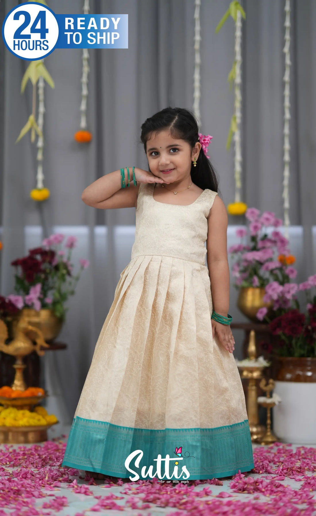Maya Blended Silk Long Gown Off white and Teal Kids Suttis