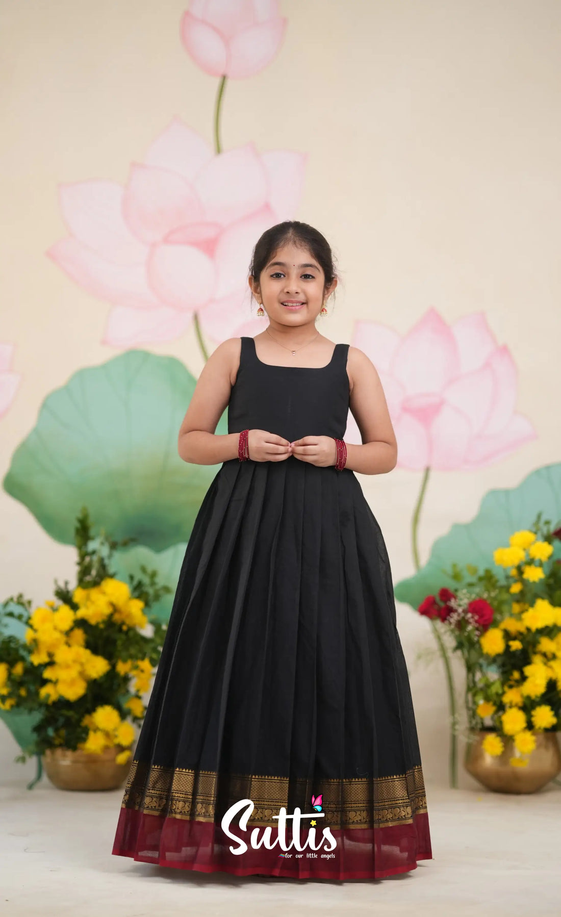 Maya Cotton Long Gown - Black and Dark Red Kids-Suttis