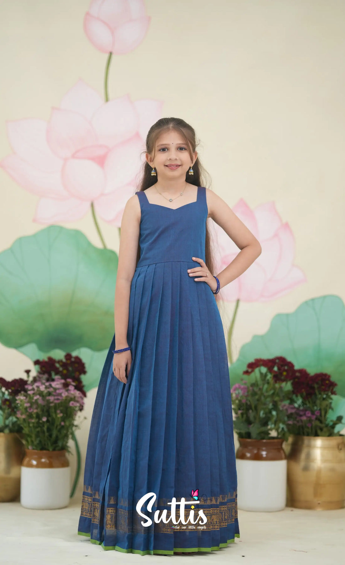 Maya Cotton Long Gown - Blue and Pastel Blue Kids-Suttis