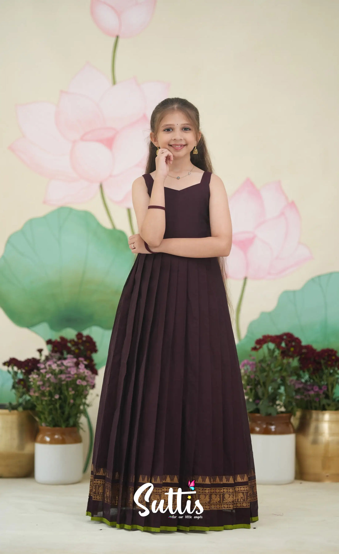 Maya Cotton Long Gown - Coffee Brown and Pastel Green Kids-Suttis