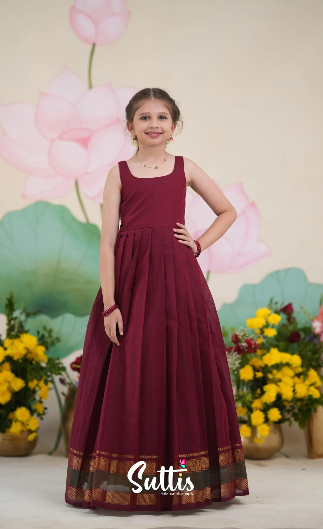 Maya Cotton Long Gown - Maroon and Manthalir Green Kids-Suttis