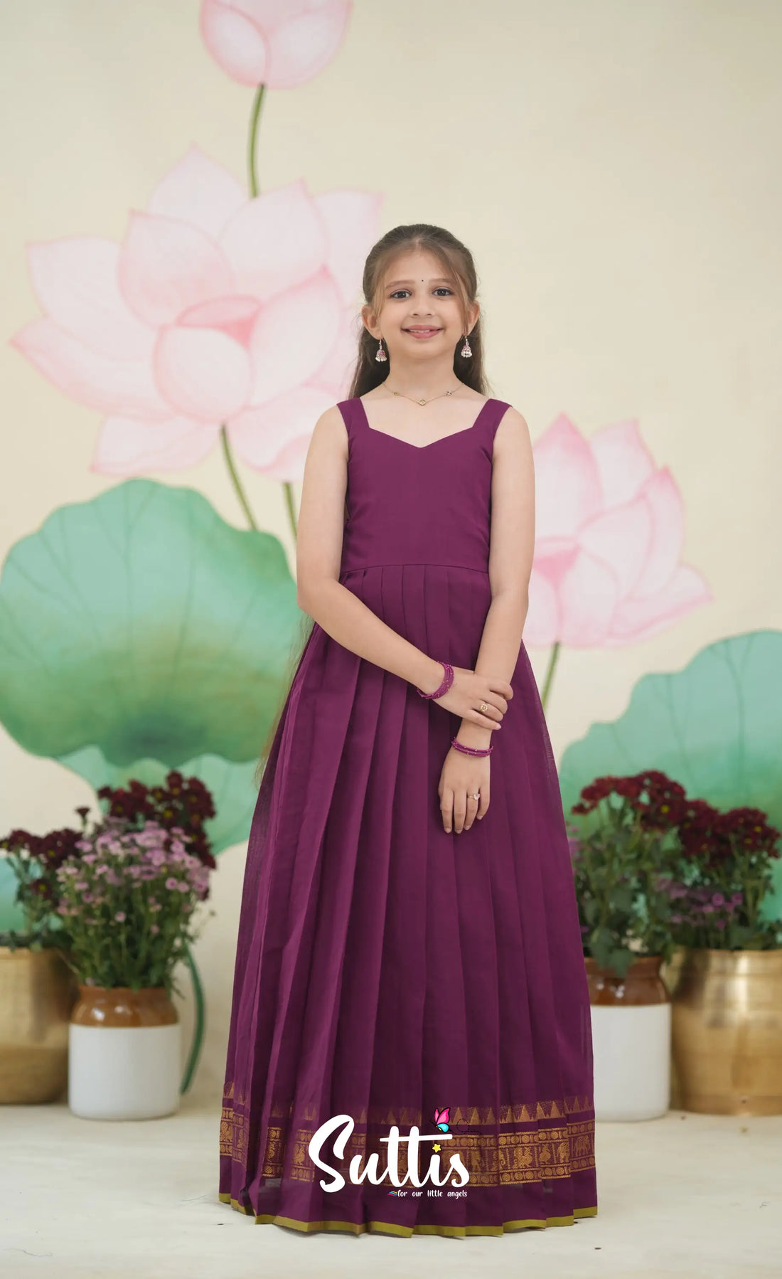 Maya Cotton Long Gown - Purple and Light Pink Kids-Suttis