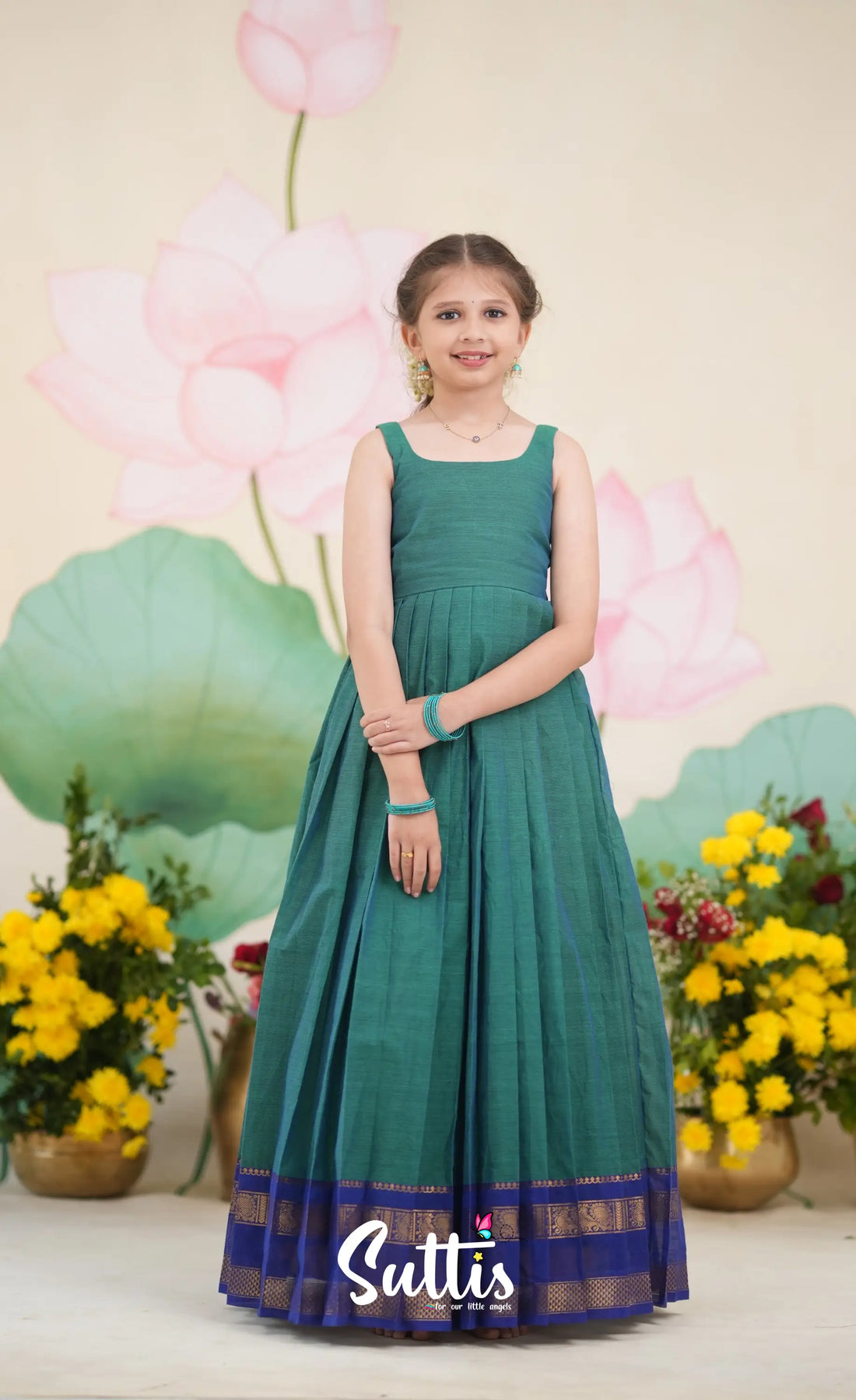 Maya Cotton Long Gown - Teal Blue and Royal Blue Kids-Suttis