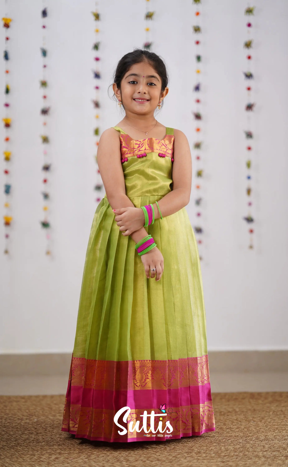 Maya Green Shade And Hot Pink Tone Organza Gown Kids-Suttis