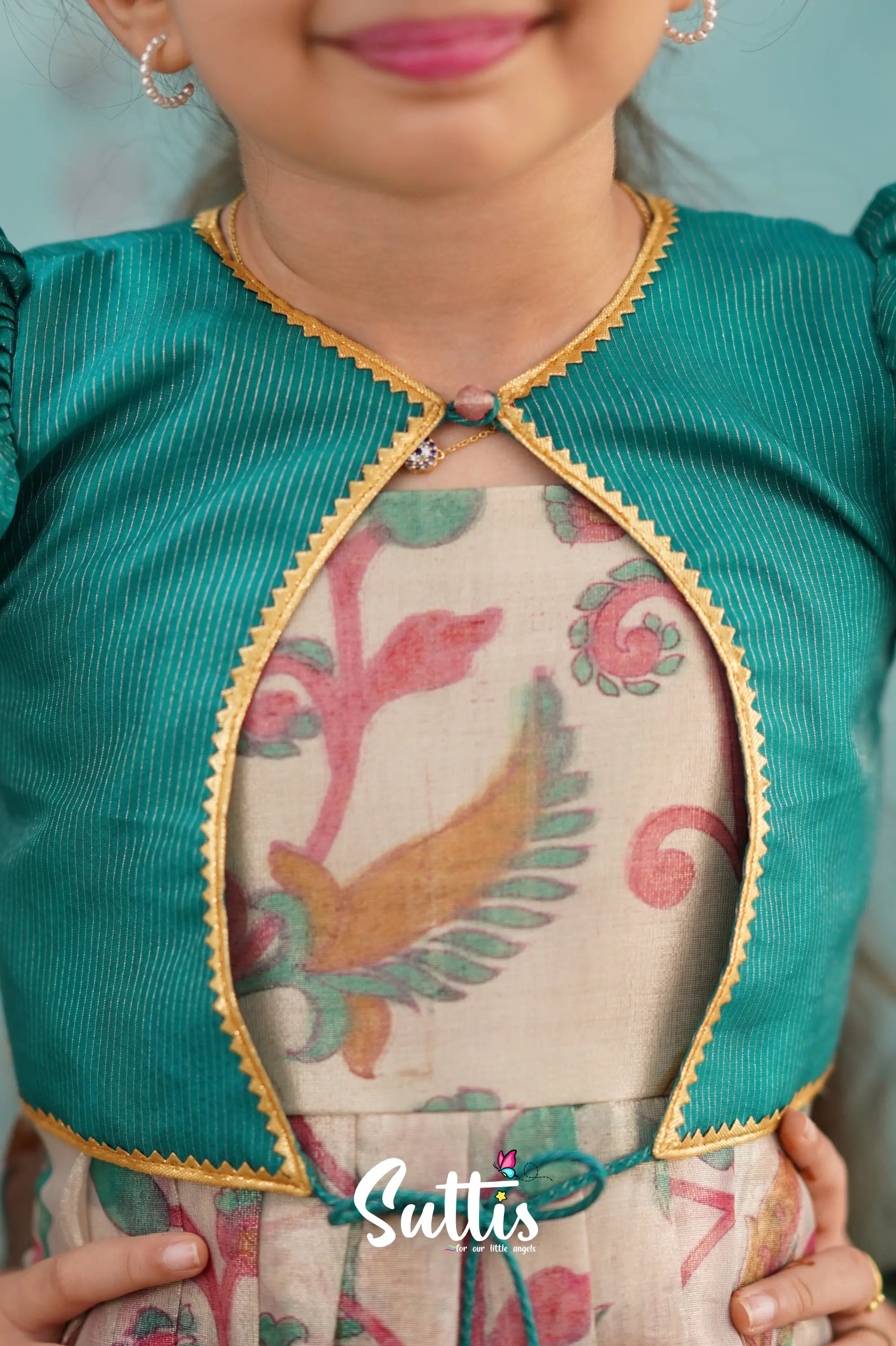 Maya Long Gown - Dark Teal Kalamkari Organza Kids - Suttis