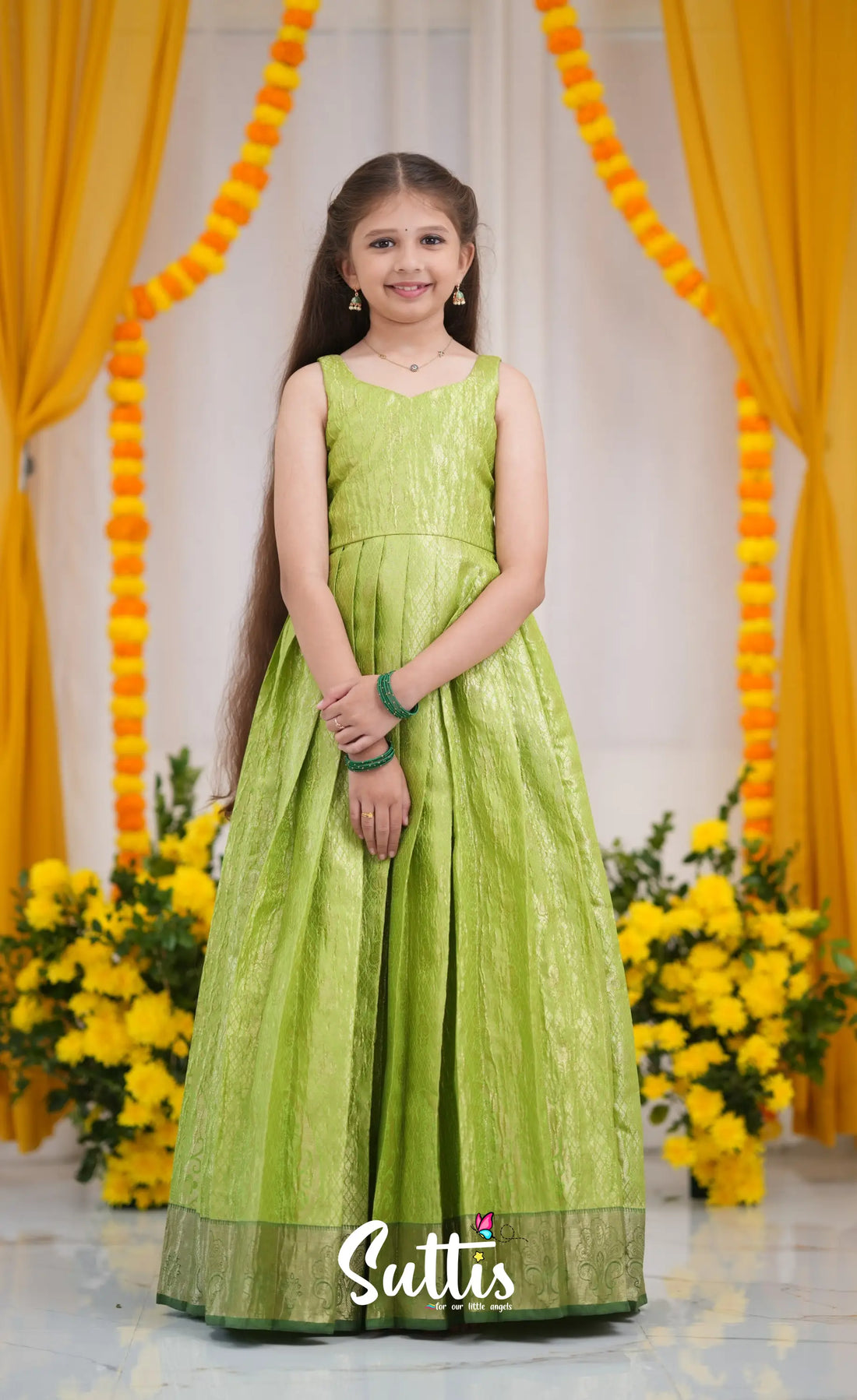 Maya Tissue Banarasi Long Gown - Light Green and Bottle Green Kids-Suttis