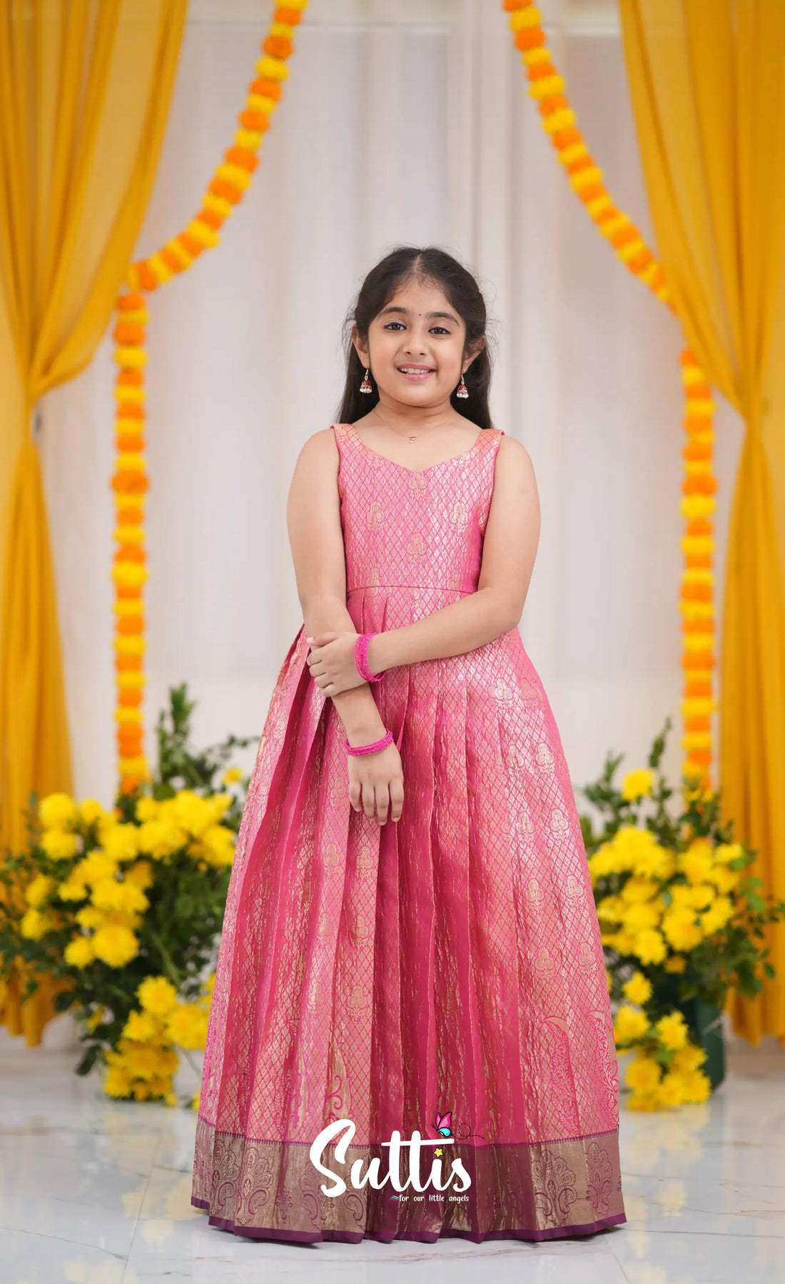 Maya Tissue Banarasi Long Gown - Pink and Magenta Kids-Suttis