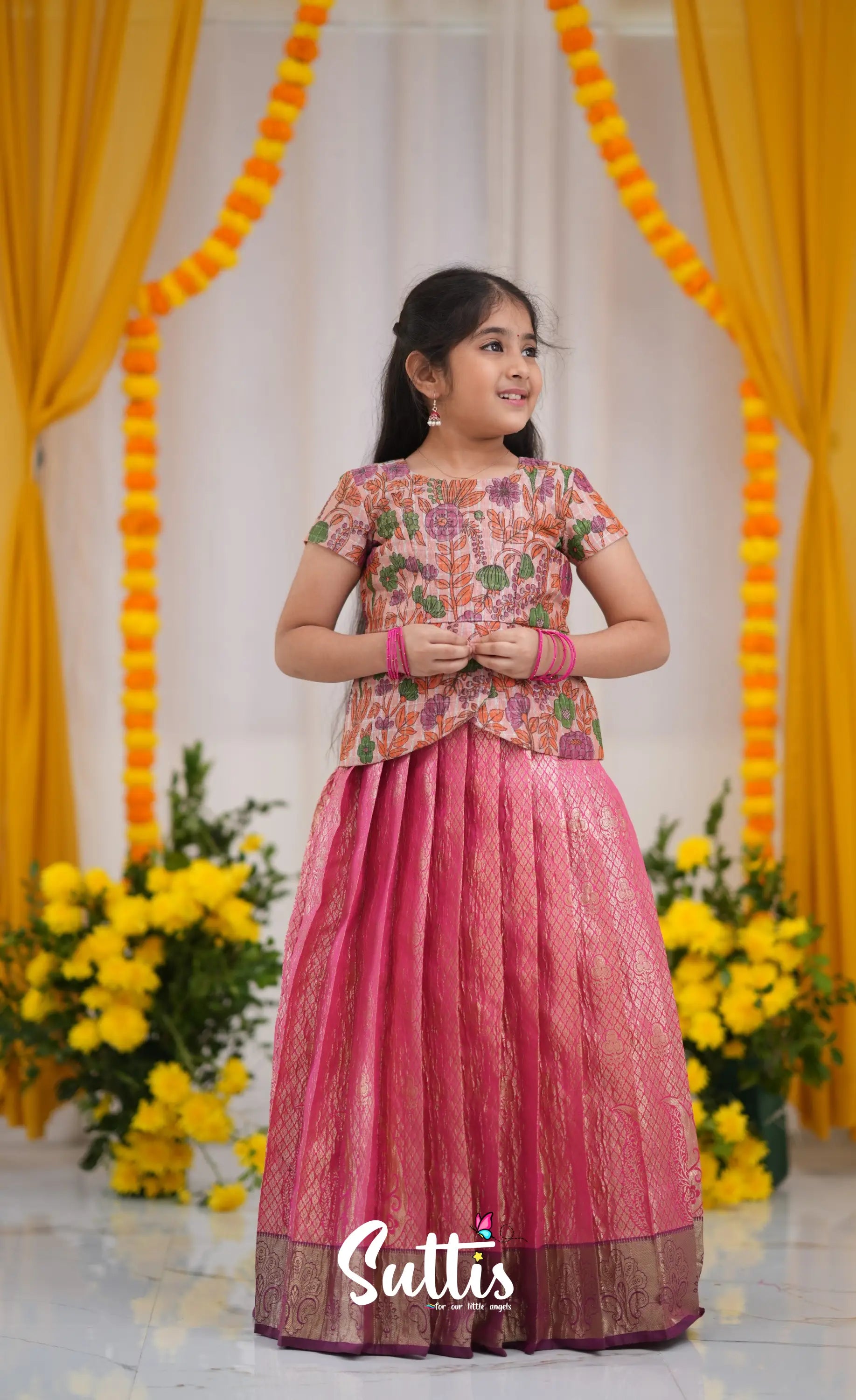 Maya Tissue Banarasi Long Gown - Pink and Magenta Kids-Suttis