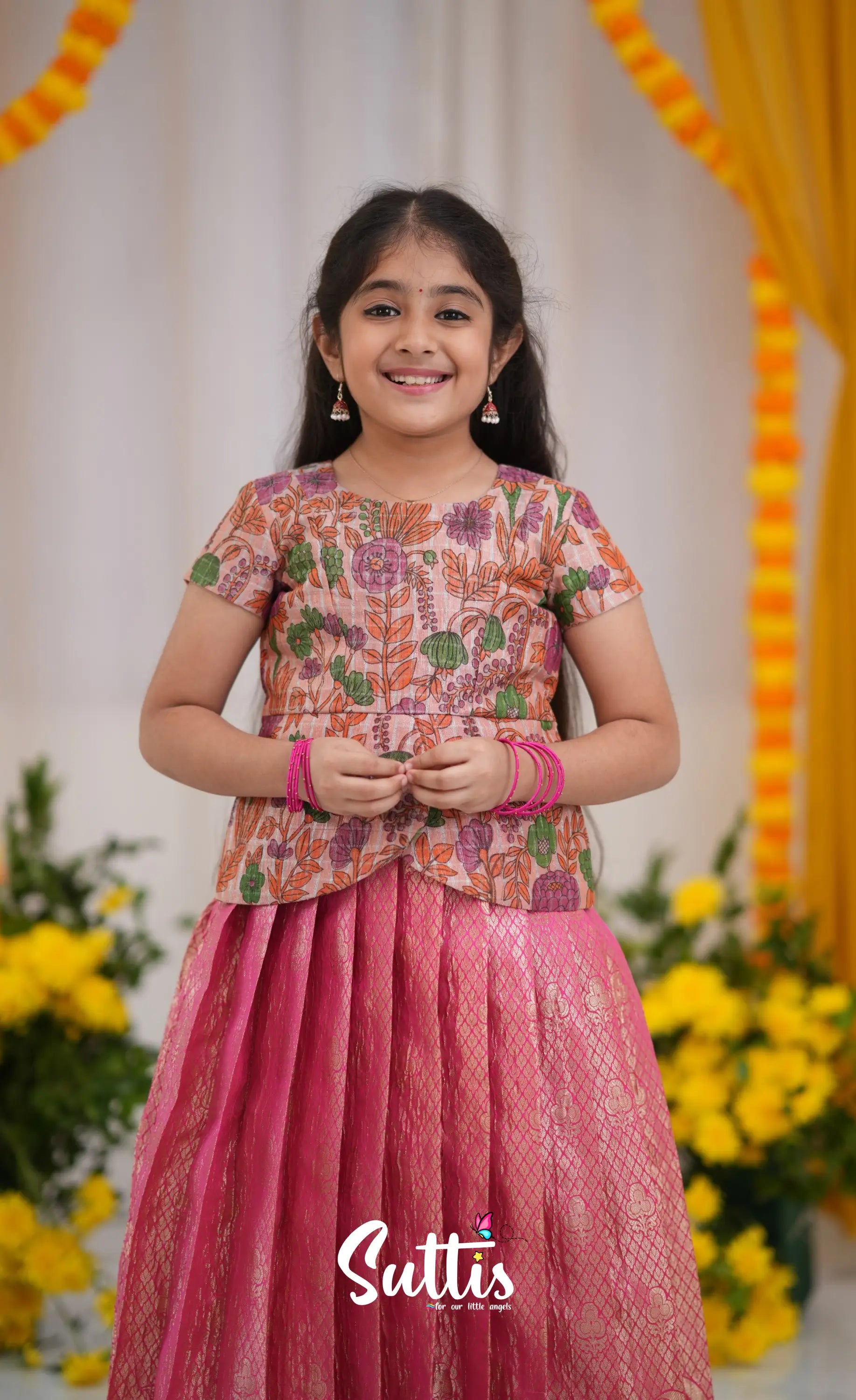 Maya Tissue Banarasi Long Gown - Pink and Magenta Kids-Suttis