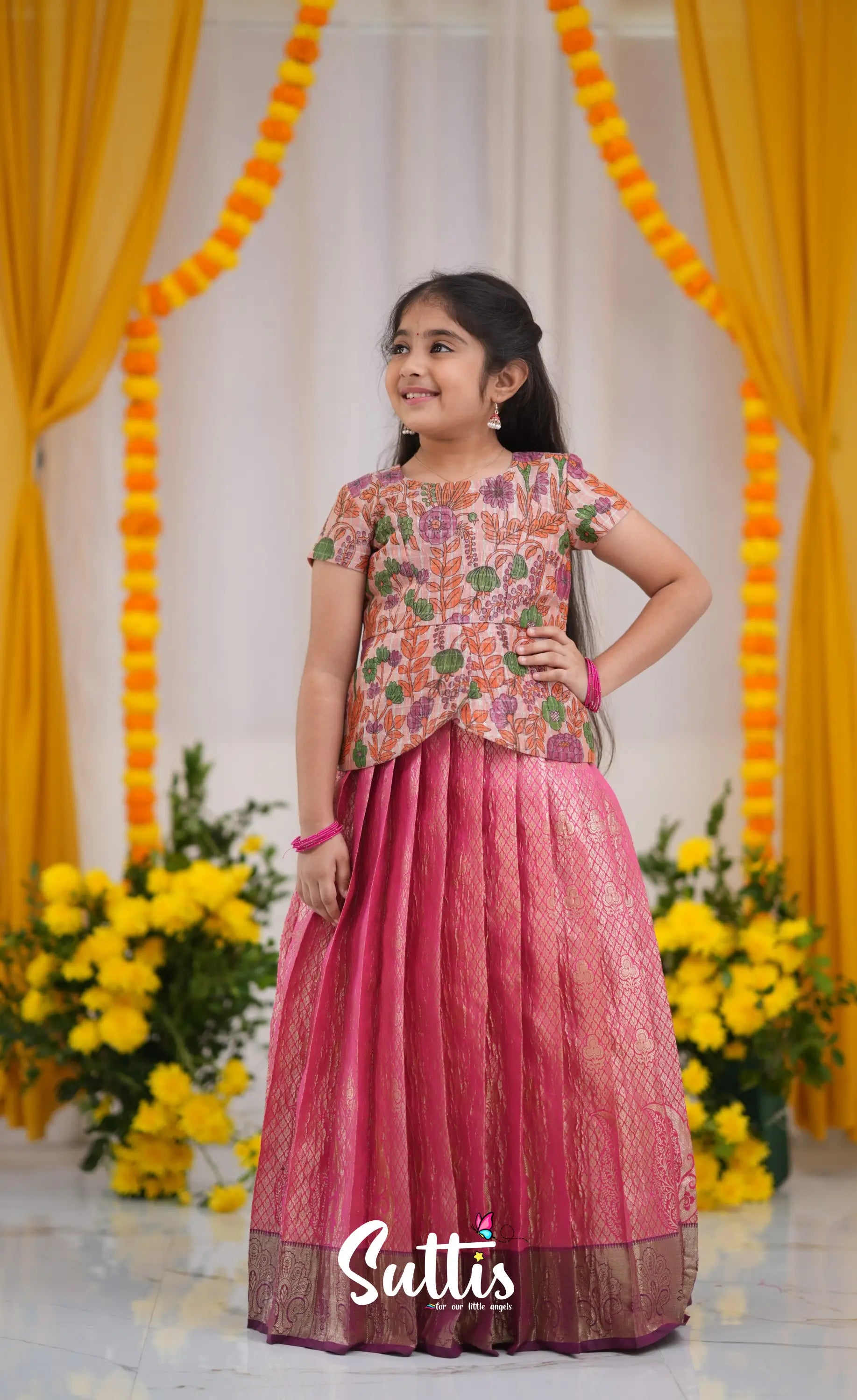 Maya Tissue Banarasi Long Gown - Pink and Magenta Kids-Suttis