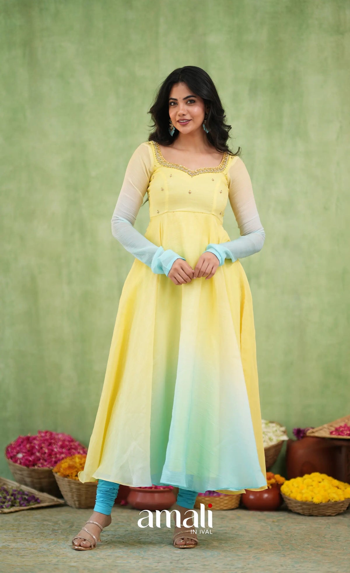 Mayili Crushed Tissue Anarkali with aari handwork- Yellow to Sky Blue Ombre - Anarkalis