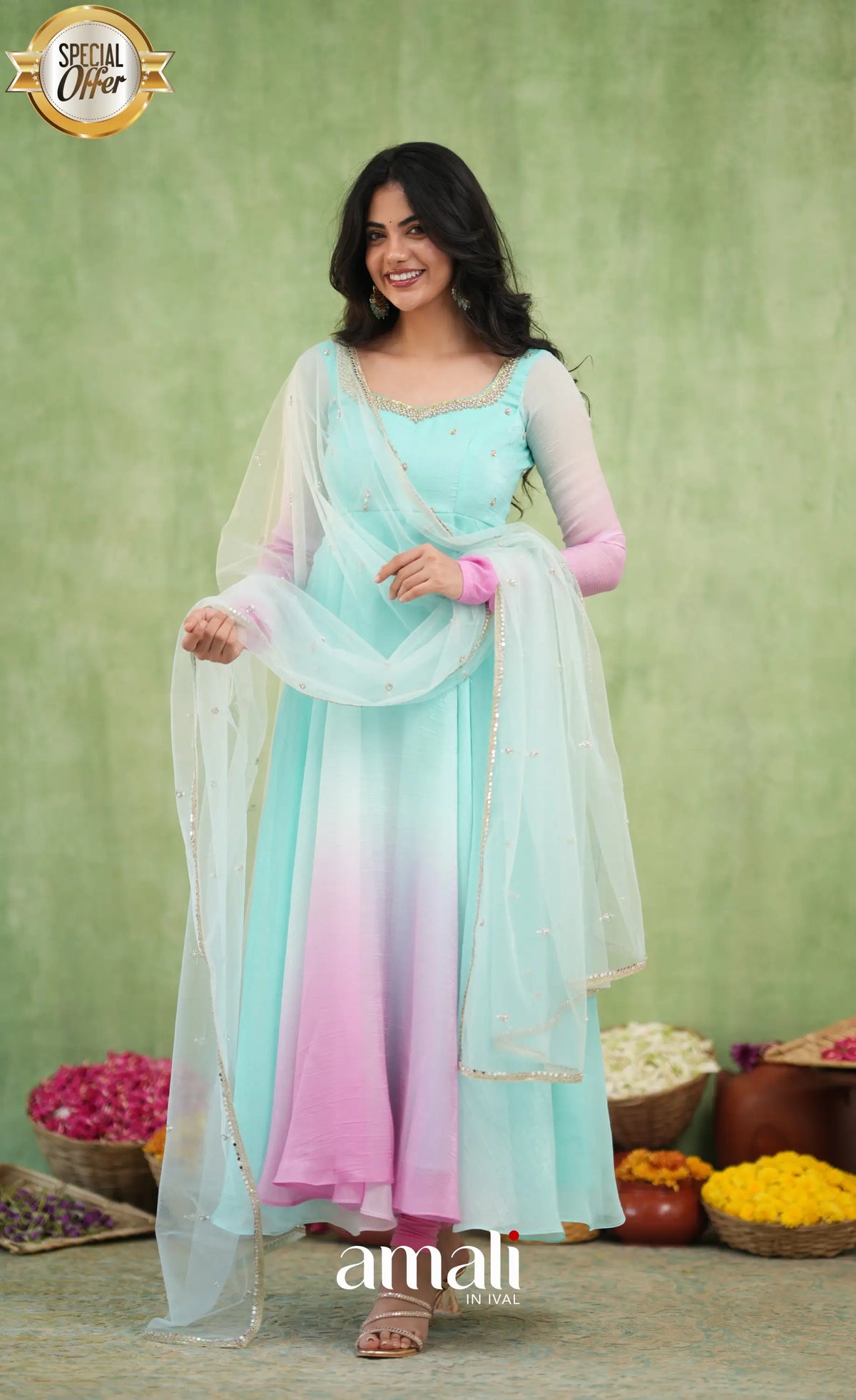 Mayili Crushed Tissue Anarkali with aari - Sea Green to Lilac Pink Ombre - Anarkalis