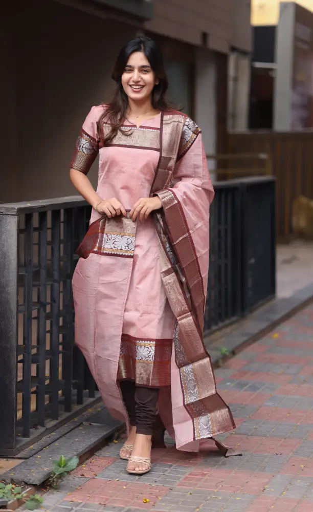 Meera Chettinad Cotton Salwar - Pink and Maroonish Brown salwar