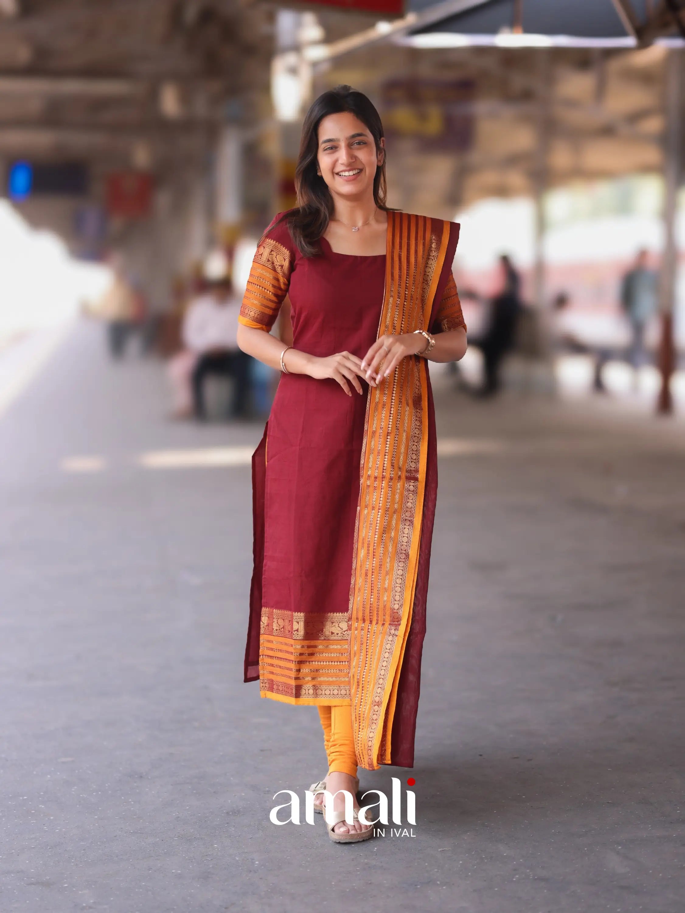 Meera Cotton Salwar - Maroon and Mustard Orange salwar