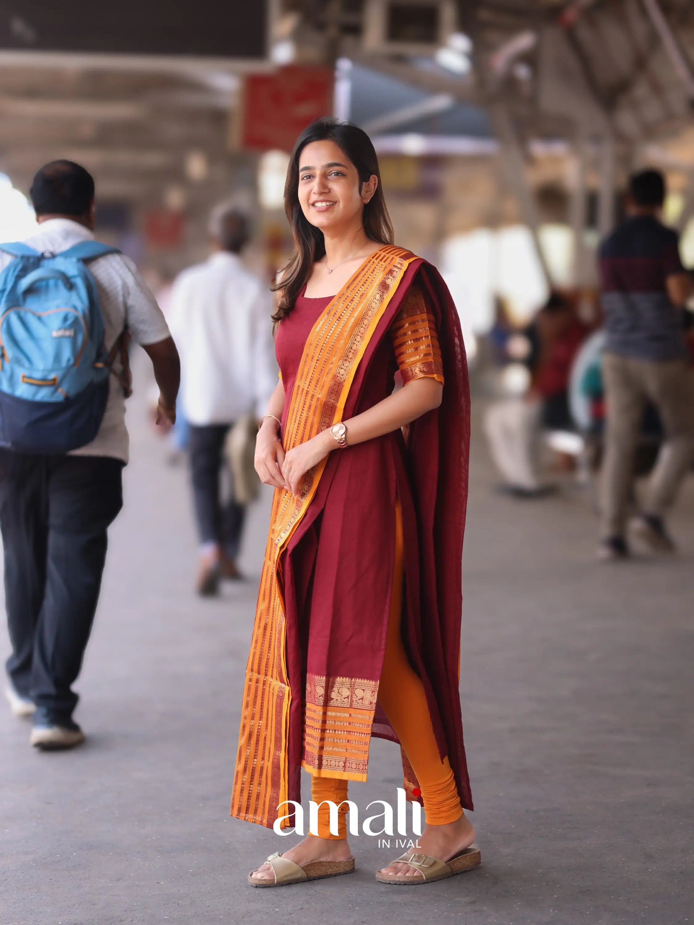 Meera Cotton Salwar - Maroon and Mustard Orange salwar