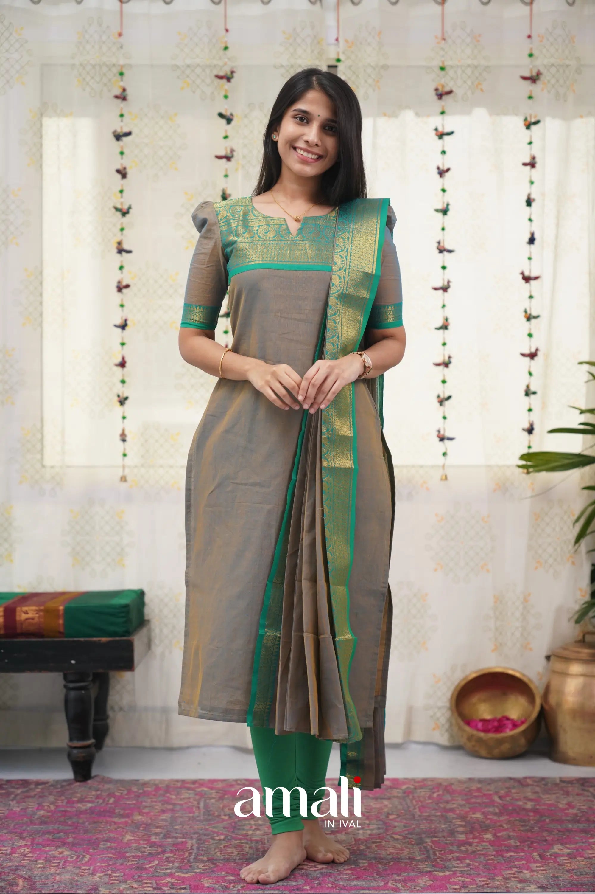 Meera Grey Shade And Teal Green Tone Cotton Salwar Salwar