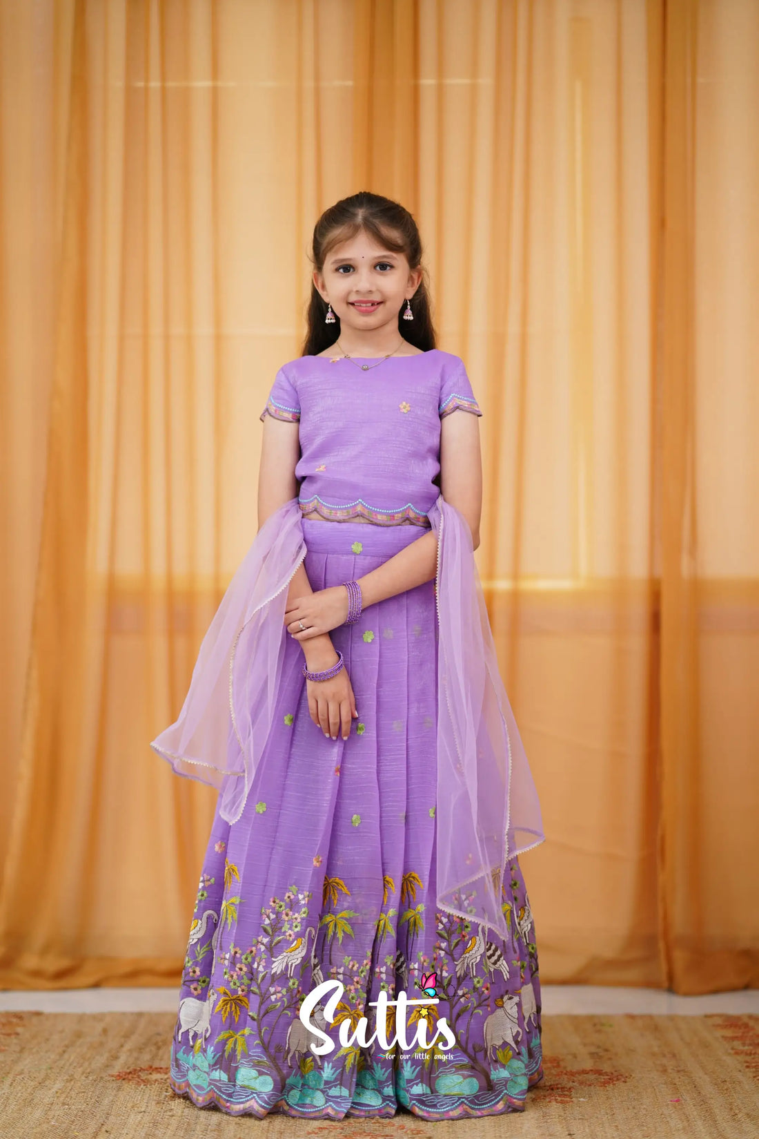 Metallic Chiffon Silk Croptop & Skirt - Lavender Kids-Suttis