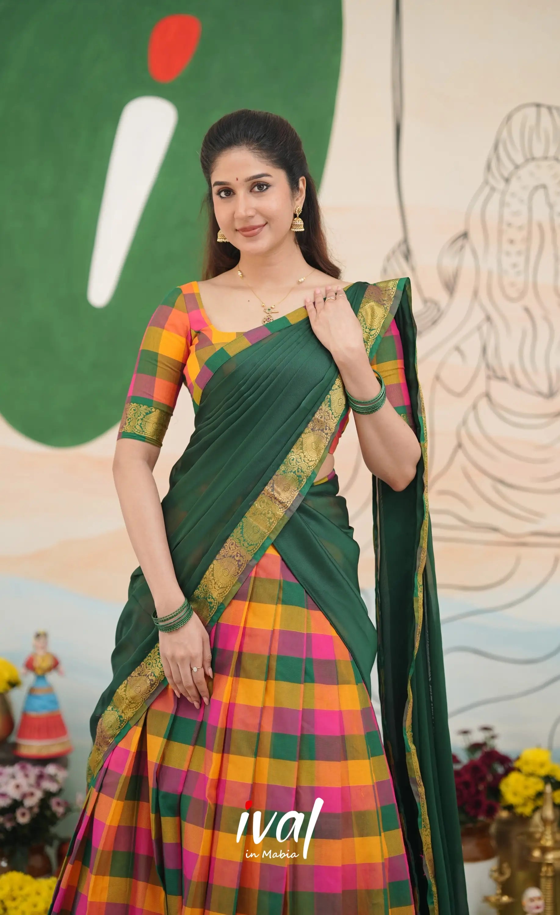 Multi-colour checks with Bottle Green Kandangi Halfsaree Half Sarees