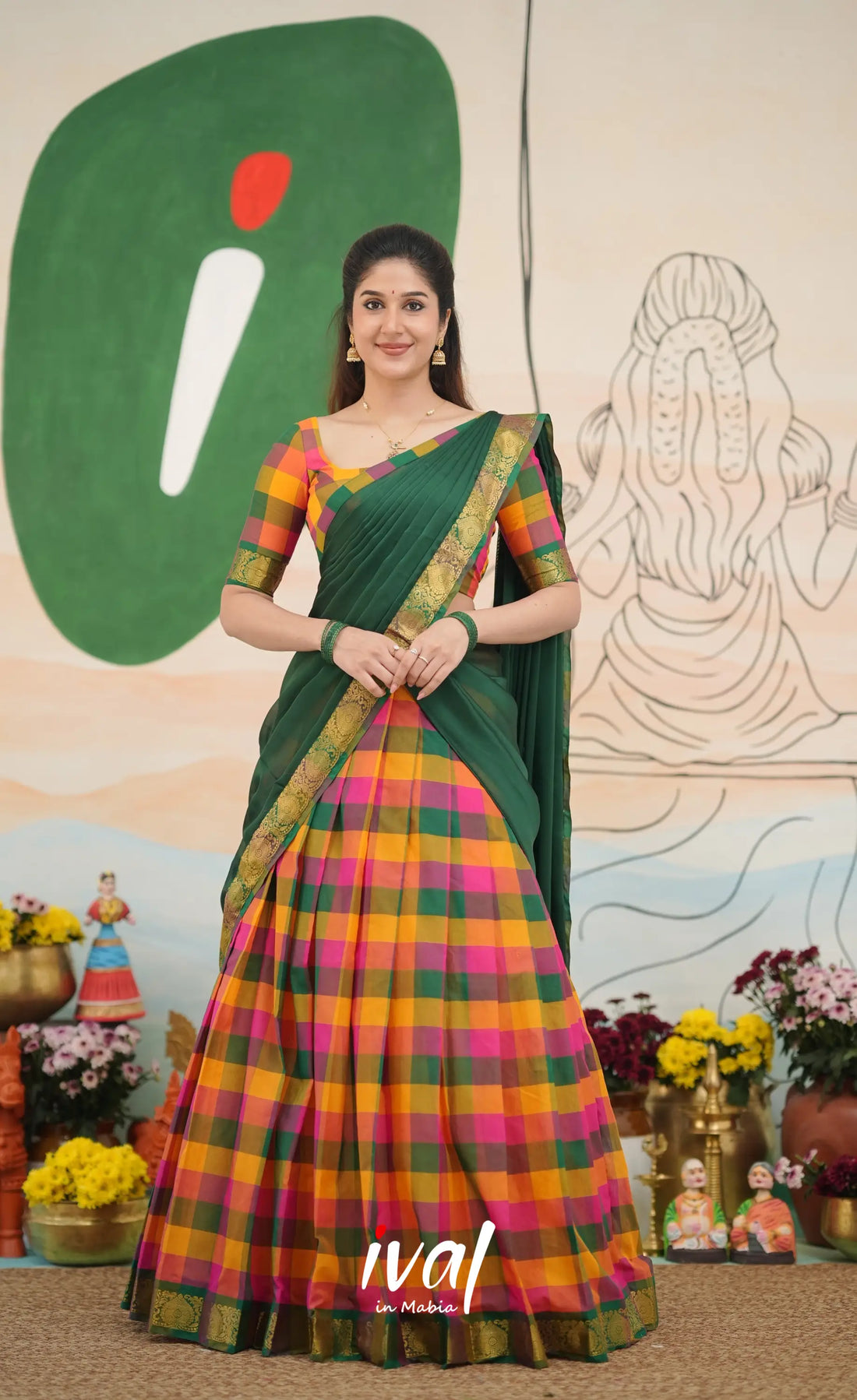 Multi-colour checks with Bottle Green Kandangi Halfsaree Half Sarees