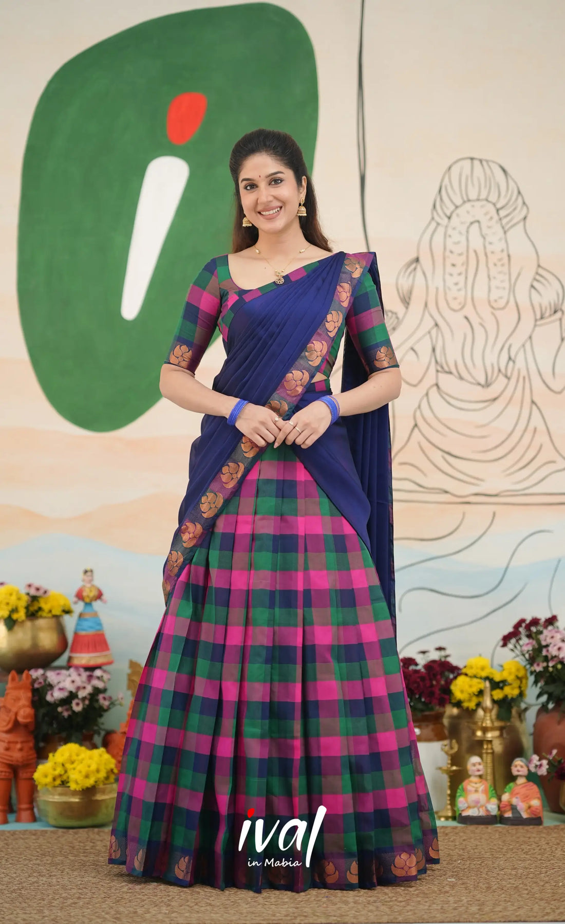 Multi-colour checks with Deep Blue Kandangi Halfsaree Half Sarees