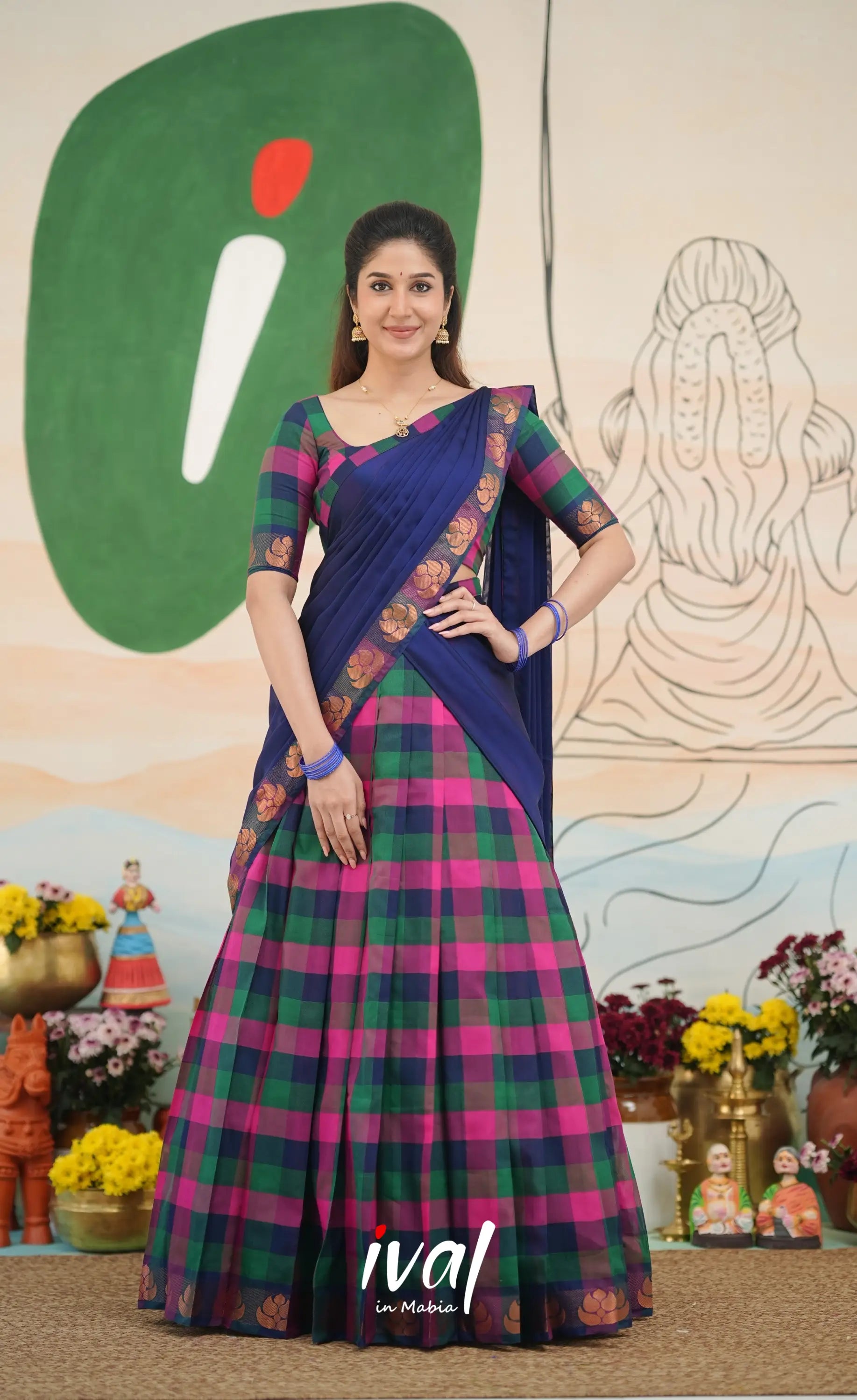 Multi-colour checks with Deep Blue Kandangi Halfsaree Half Sarees
