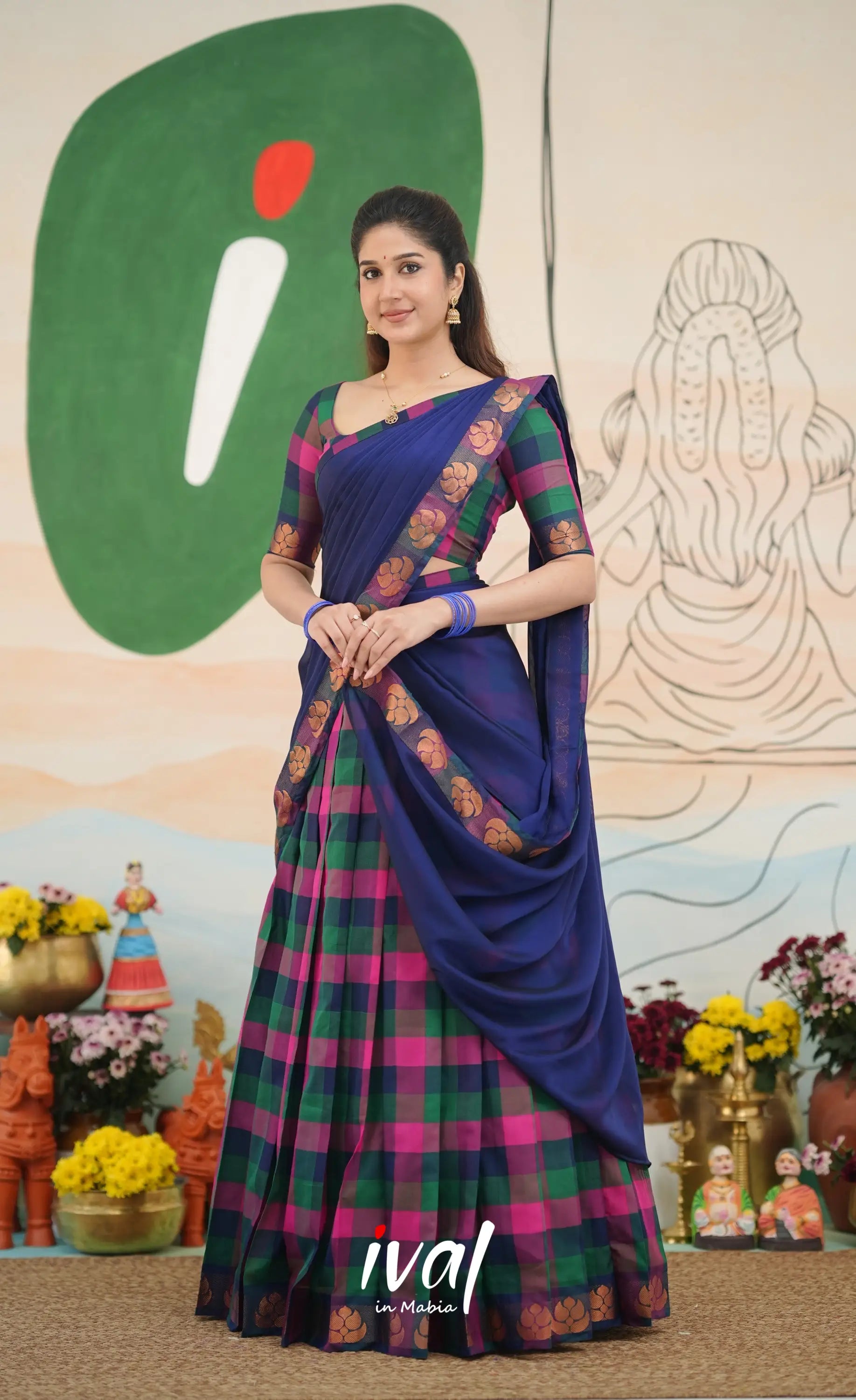 Multi-colour checks with Deep Blue Kandangi Halfsaree Half Sarees