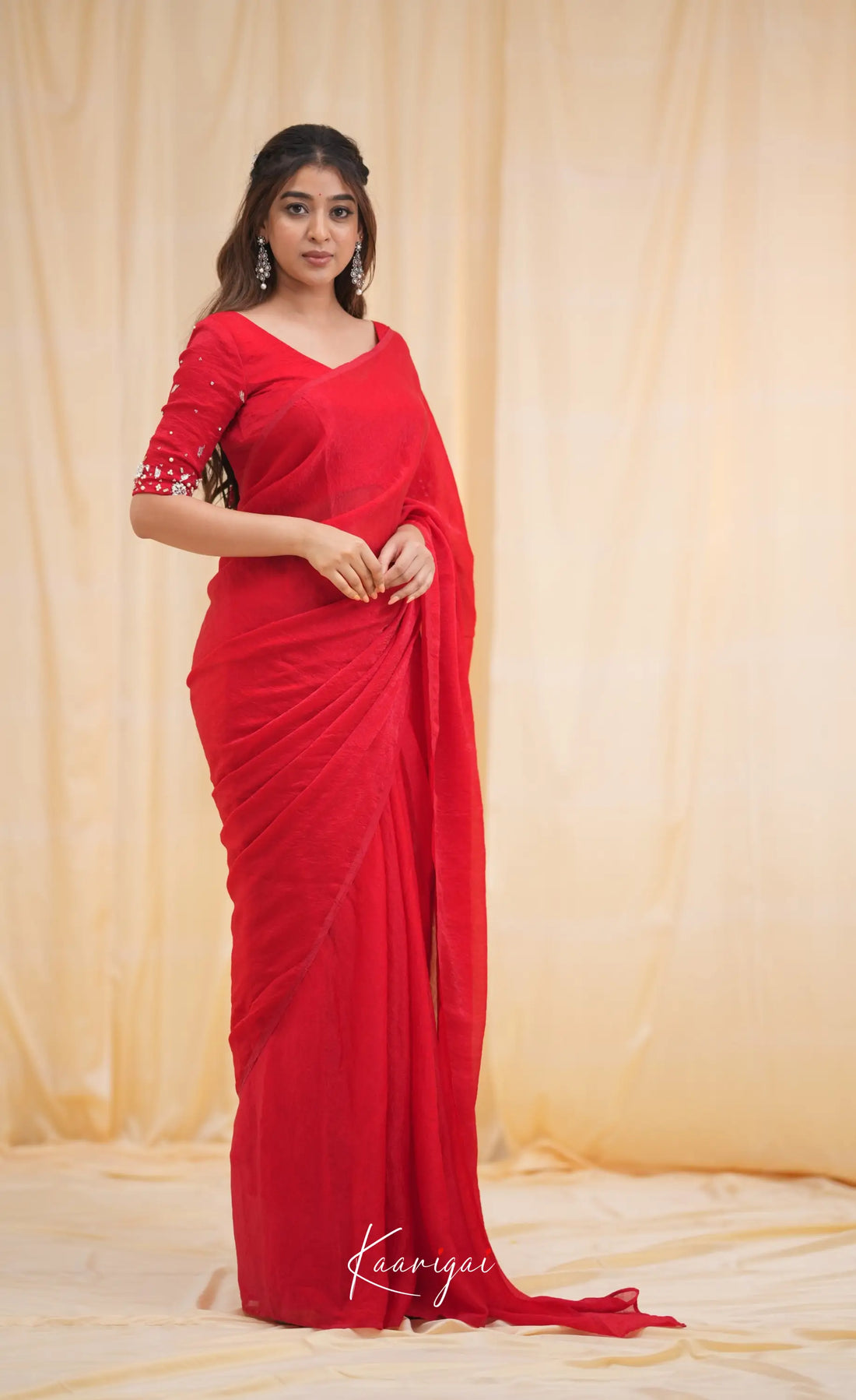 Nakshatra Metallic Crush Saree - Red Sarees