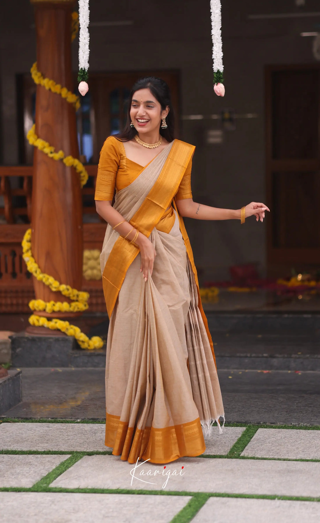 Nalinam Cotton Saree - Beige and Mustard yellow - Sarees