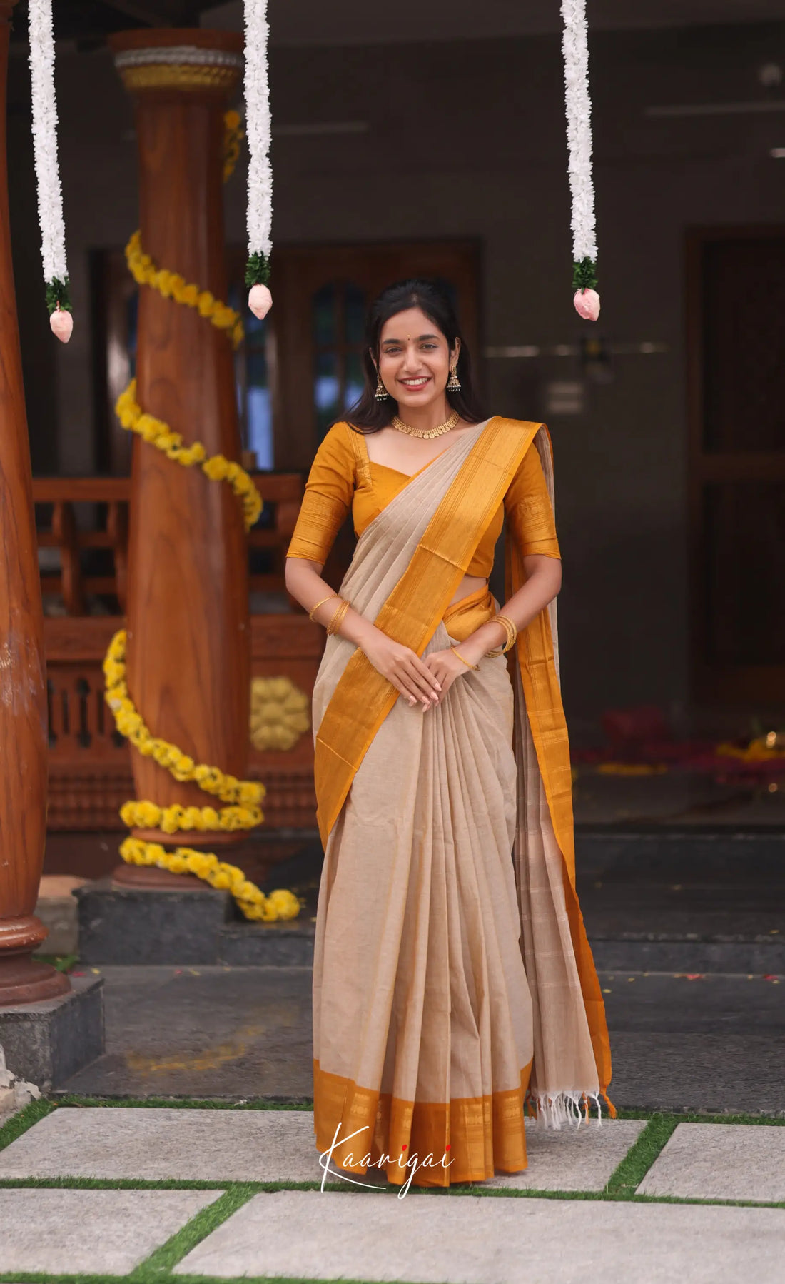 Nalinam Cotton Saree - Beige and Mustard yellow - Sarees