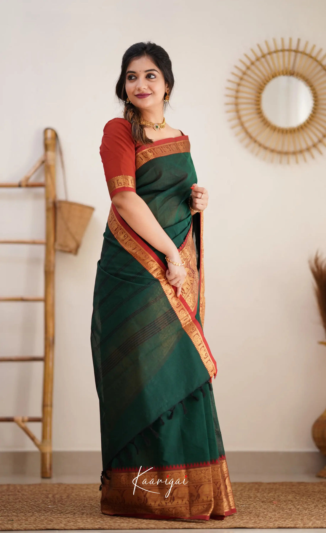 Nalinam - Dark Green And Reddish Maroon Cotton Saree Sarees