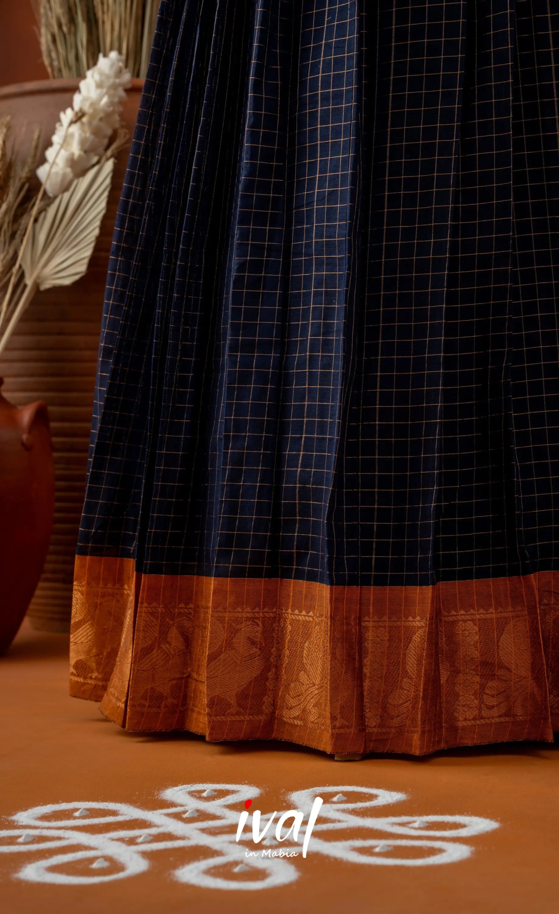 Navy Blue with Mustard Semi-Stitched Cotton Halfsaree Half Sarees