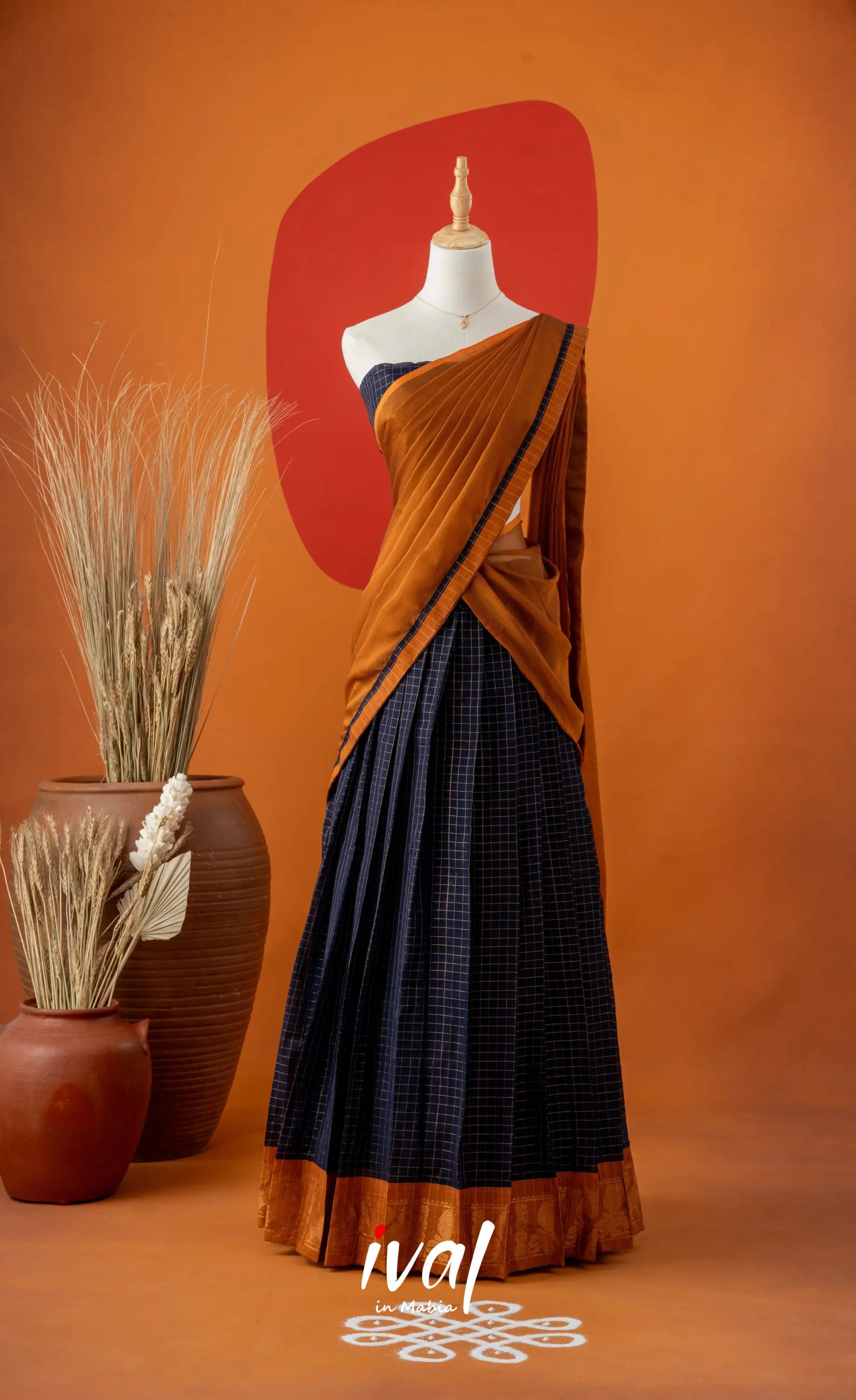 Navy Blue with Mustard Semi-Stitched Cotton Halfsaree Half Sarees