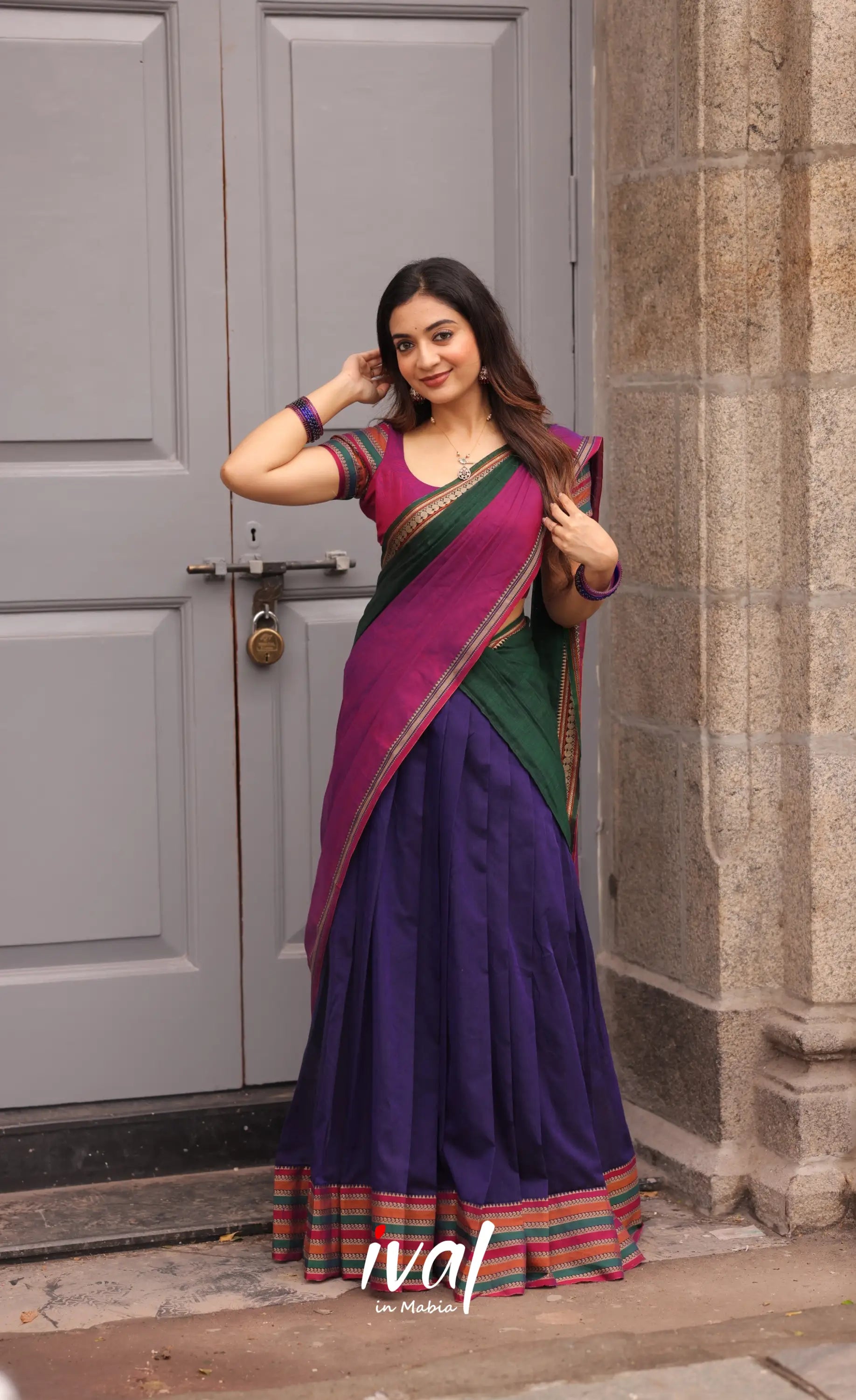 Niyati - Dark Purplish Blue with Violet Narayanpet cotton Halfsaree - Half Sarees