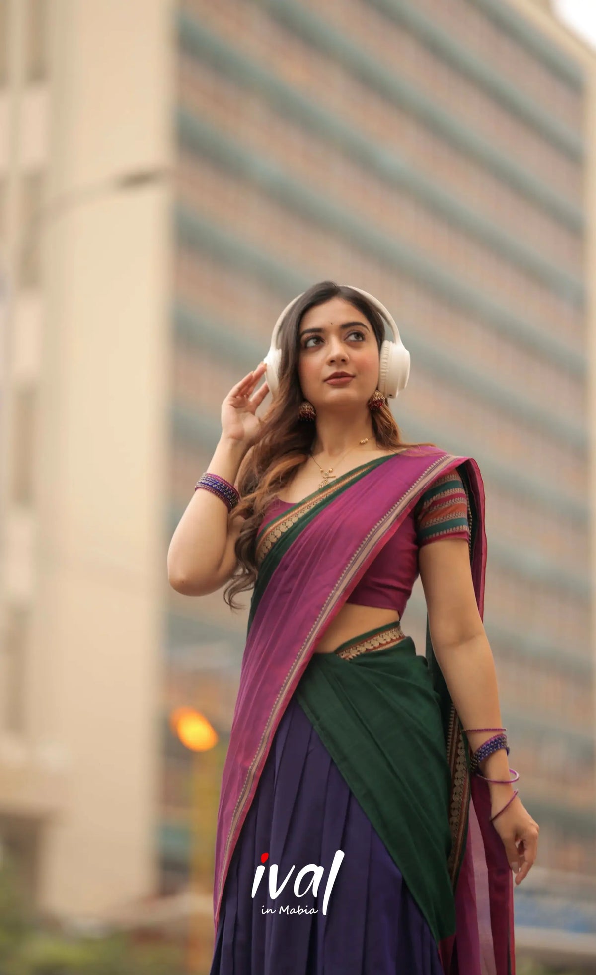 Niyati - Dark Purplish Blue with Violet Narayanpet cotton Halfsaree - Half Sarees