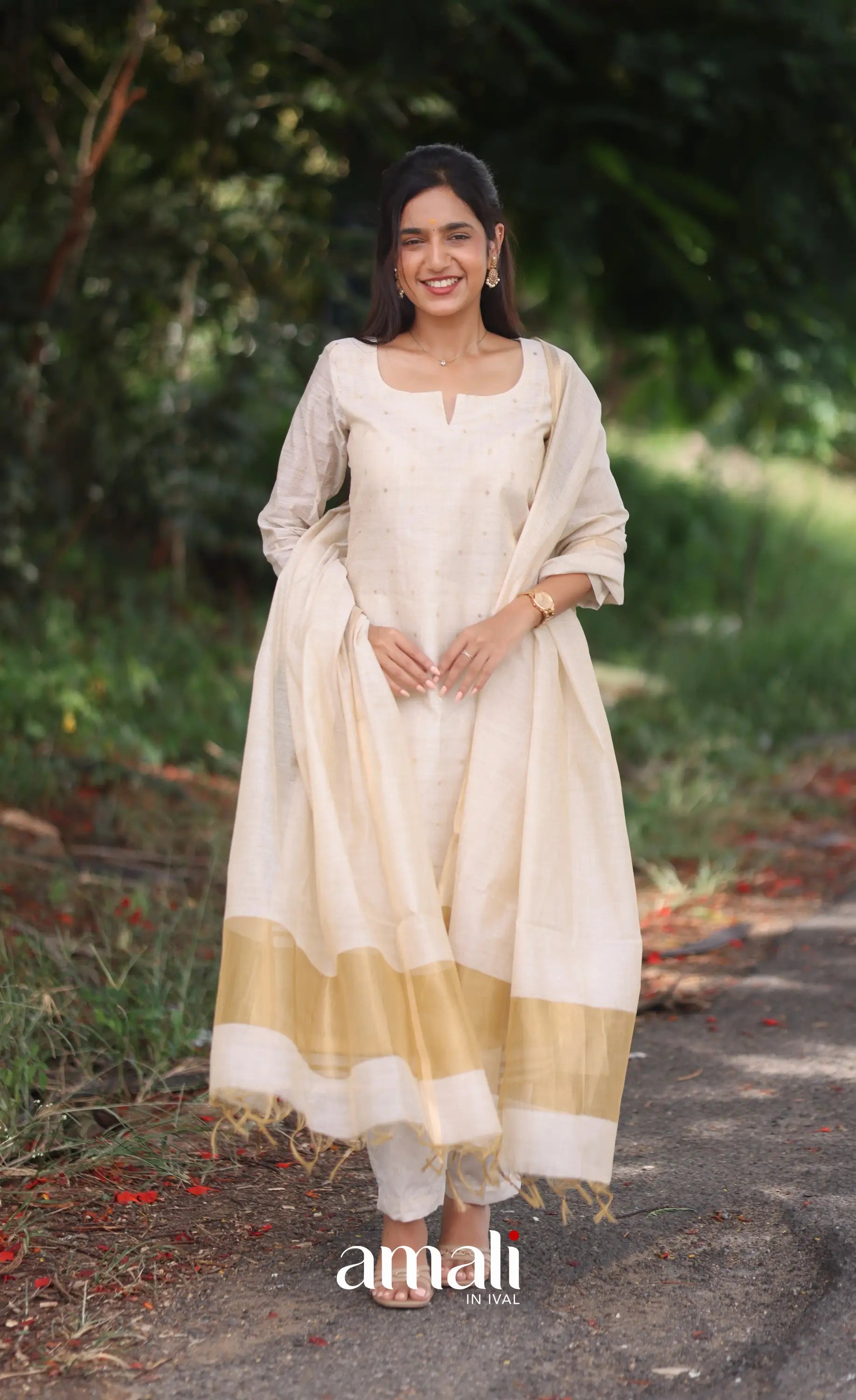 Off-white and Light gold Viscose Chanderi Salwar - salwar