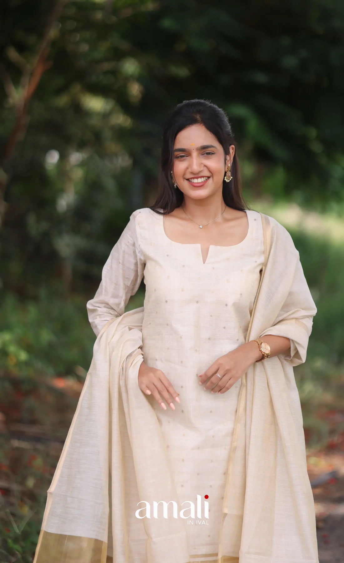 Off-white and Light gold Viscose Chanderi Salwar - salwar