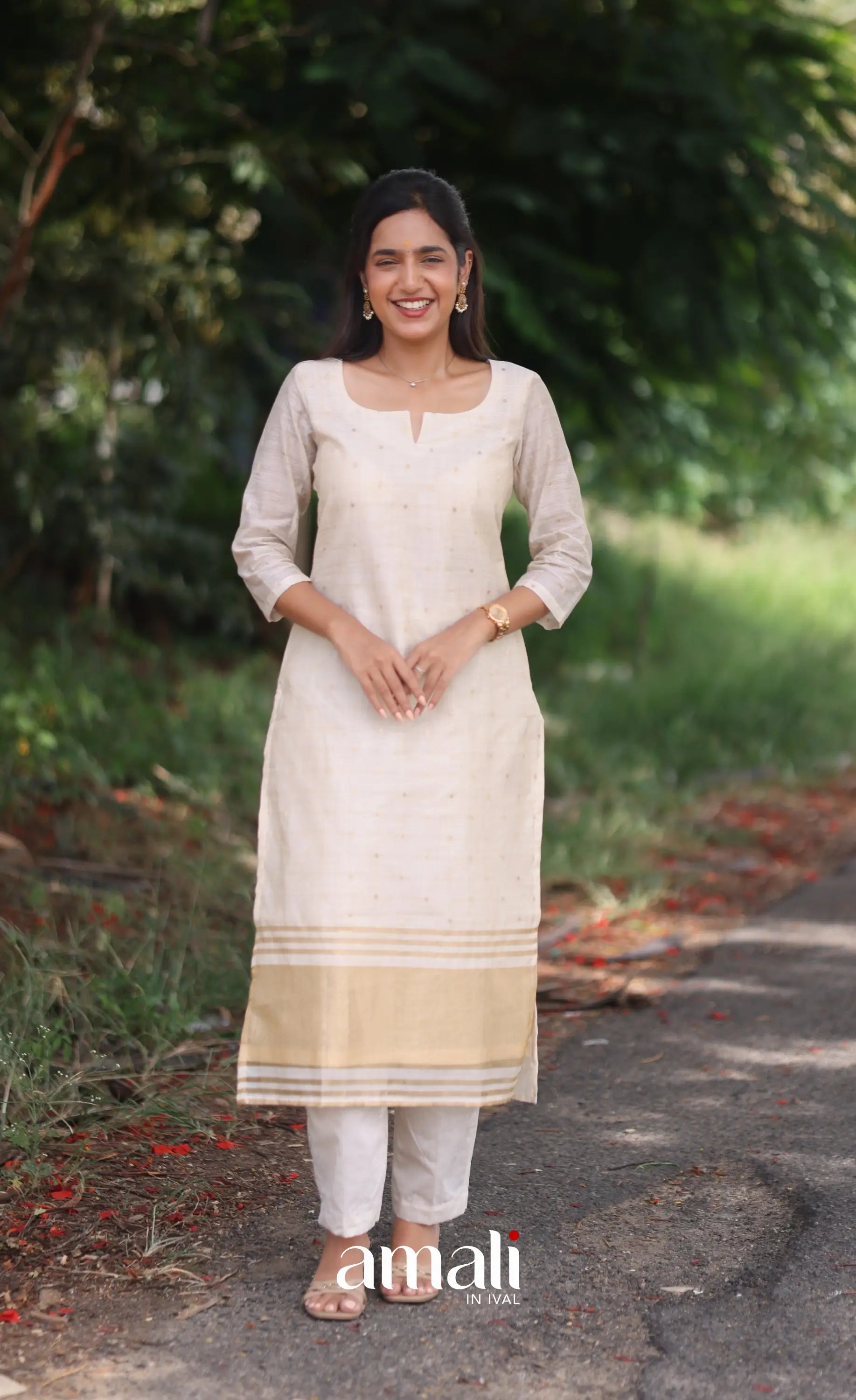 Off-white and Light gold Viscose Chanderi Salwar - salwar